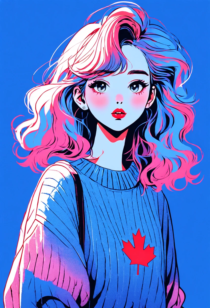 Illustrator, Japanese cartoons , actual ,sketch , 1 girl, ,lips, sweater,Order, Blue gradient background, Neon hair,textured crops, Canadian, (masterpiece,best quality)