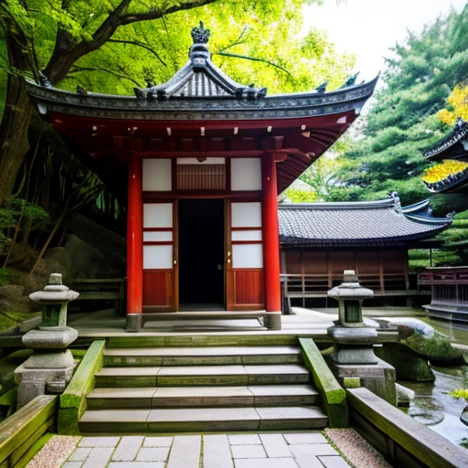 紅葉,A dragon is flying above,wooden,Temple of Japan,temple bell,Tesuisha,Jizo,waterfall,端の方にJizoの像が小さく置かれている,stairs in the precincts,deep in the mountains,photograph