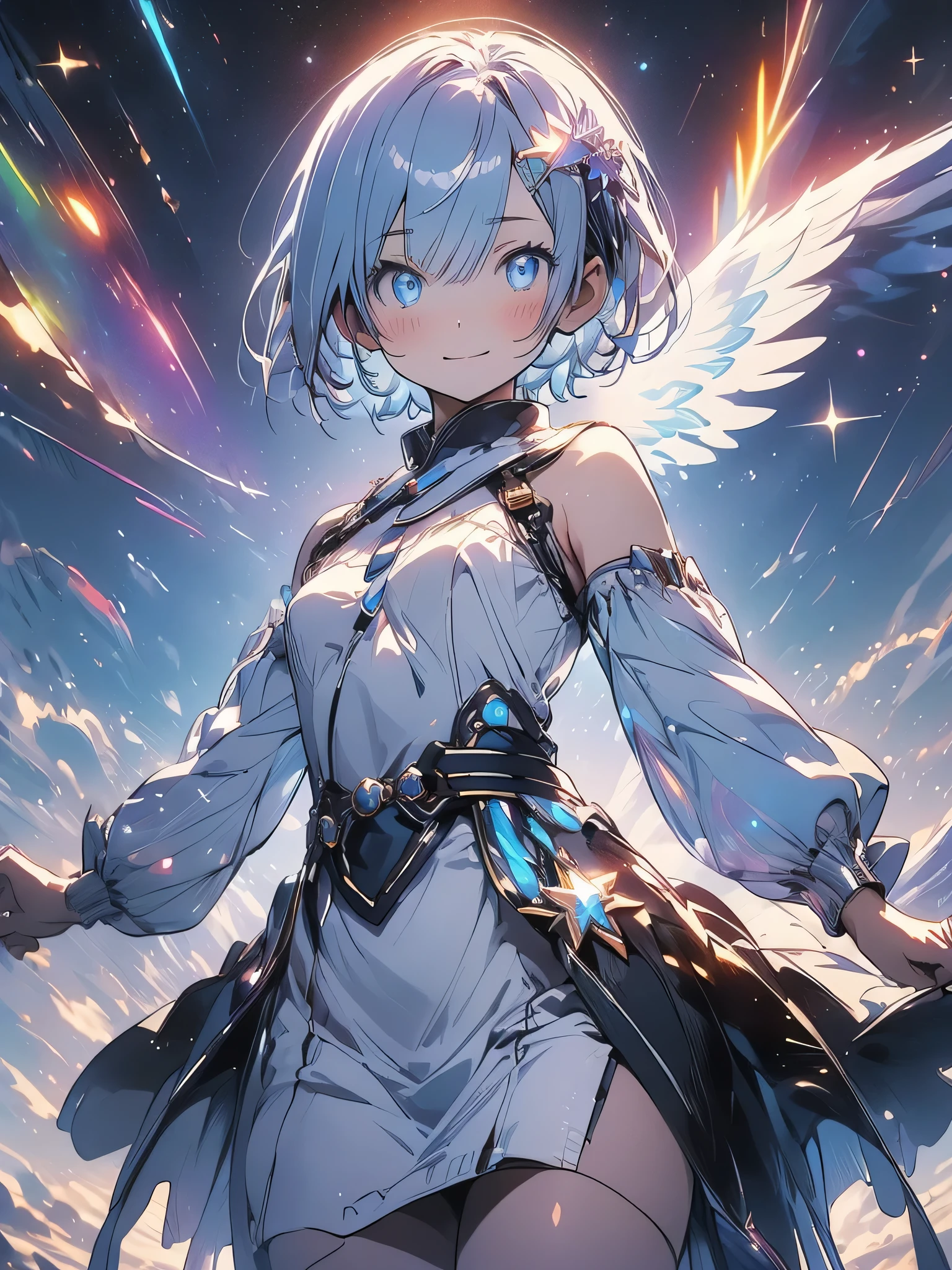 High resolution, Couboy Shot, looking at the viewer, No face or eyes,behind, (cent, small), (alone), equal scale reduction, sleep, (one cute girl:1.3), alone, white skin、 big smile、angel ring on head、A purple glowing circle floats above my head..、mini skirt、angel ring、eight-headed person, purple hair, (beaver:1.2), Mixed mesh and light blue,Eyes glowing,pale eyes、short hair, (dull bangs:1.2), beautiful hair, beautiful and detailed eyes, highly detailed eyes、sparkling eyes、octane number,cloud,Please wait、colorful starry sky,performer,Iridescent aura around the eyes、iridescent eyes、Narrowed eyes sucked in,Wearing a rainbow-colored aura from the whole body、purplish color, outdoor, Purple background, Shadow lighting,Hands folded behind the waist,Decisive pose、Detailed CG, (perfect hands, perfect anatomy)、stick out tongue(1:3)、Happier appearance