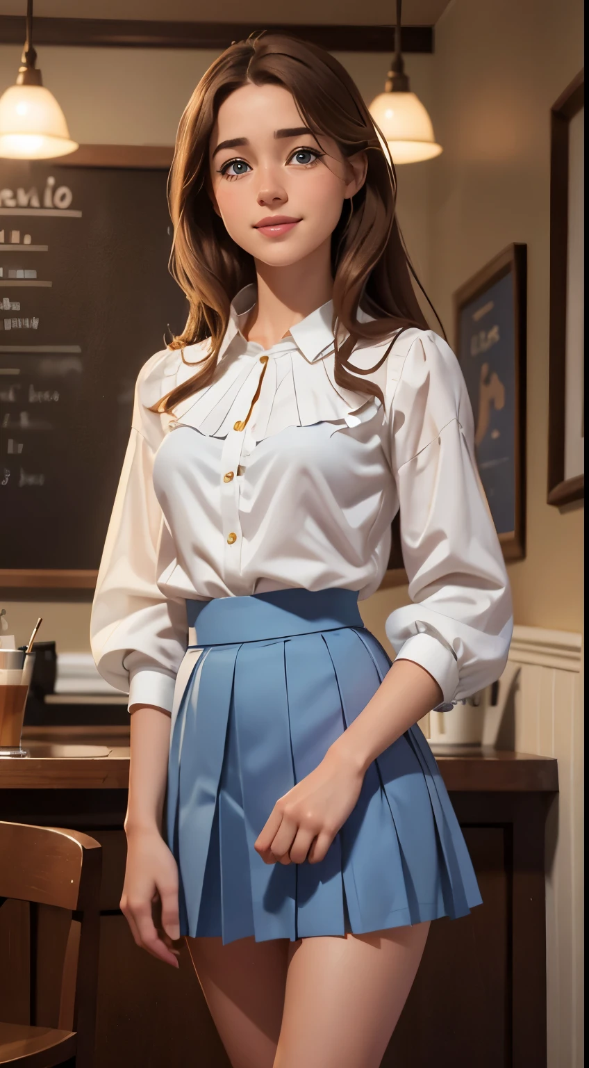 Foto hiperrealista en primer plano de Willa Fitzgerald, masterpiece, best quality, (photorealistic:1.4), full body, (white blouse:1.2), (blue pleated blue skirt below the knees:1.1), heels, coffee shop, cinematic light, beautiful woman, skinny, small breasts, straight brown hair, detailed face, smile, photo taken from a distance, age 20 tears old