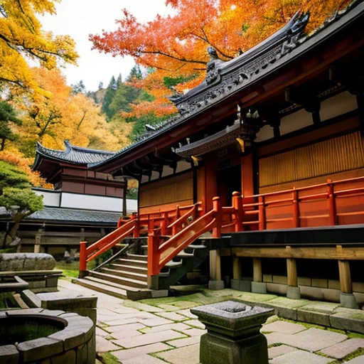 A statue of King Enma is erected,A dragon is flying above,wooden,Temple of Japan,temple bell,Tesuisha,Jizo,waterfall,autumn leaves,端の方にJizoの像が小さく置かれている,stairs in the precincts,deep in the mountains,photograph