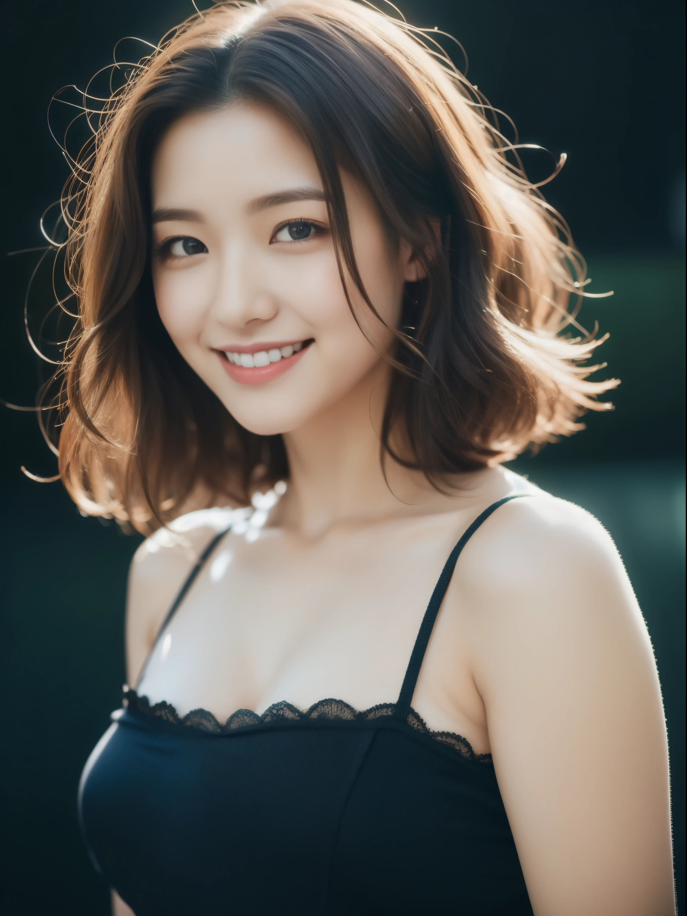 beautiful 25 year old woman。She is wearing a tight camisole of light brown satin fabric。Black lace on chest and hem.。cute smile。her dark brown hair、、her hair is short and curly。High resolution、masterpiece、highest quality、Head w:1.4、((Hasselblad Photos))、fine skin、fine knit、(movie lighting)、clavicle