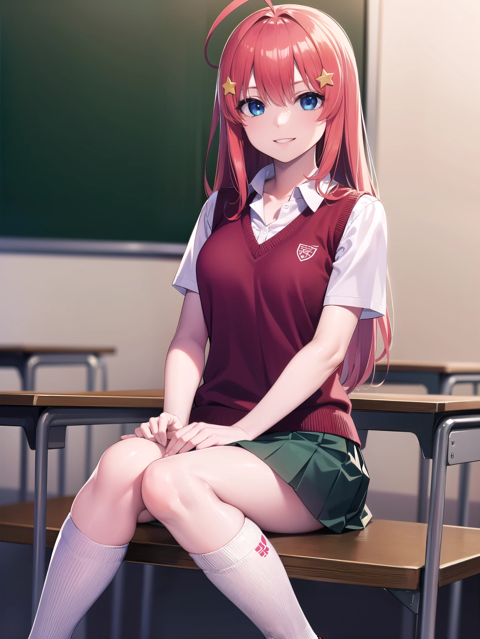 itsukinakano, itsuki nakano, bangs, blue eyes, hair between eyes, ahoge, red hair, star \(symbol\), hair ornament, star hair ornament, smiling, BREAK skirt, shirt, school uniform, collarbone, white shirt, short sleeves, skirt, socks, collared shirt, miniskirt, kneehighs, white socks, green skirt, sweater vest, red sweater vest,
BREAK indoors, school, classroom,
BREAK (masterpiece:1.2), best quality, high resolution, unity 8k wallpaper, (illustration:0.8), (beautiful detailed eyes:1.6), extremely detailed face, perfect lighting, extremely detailed CG, (perfect hands, perfect anatomy),