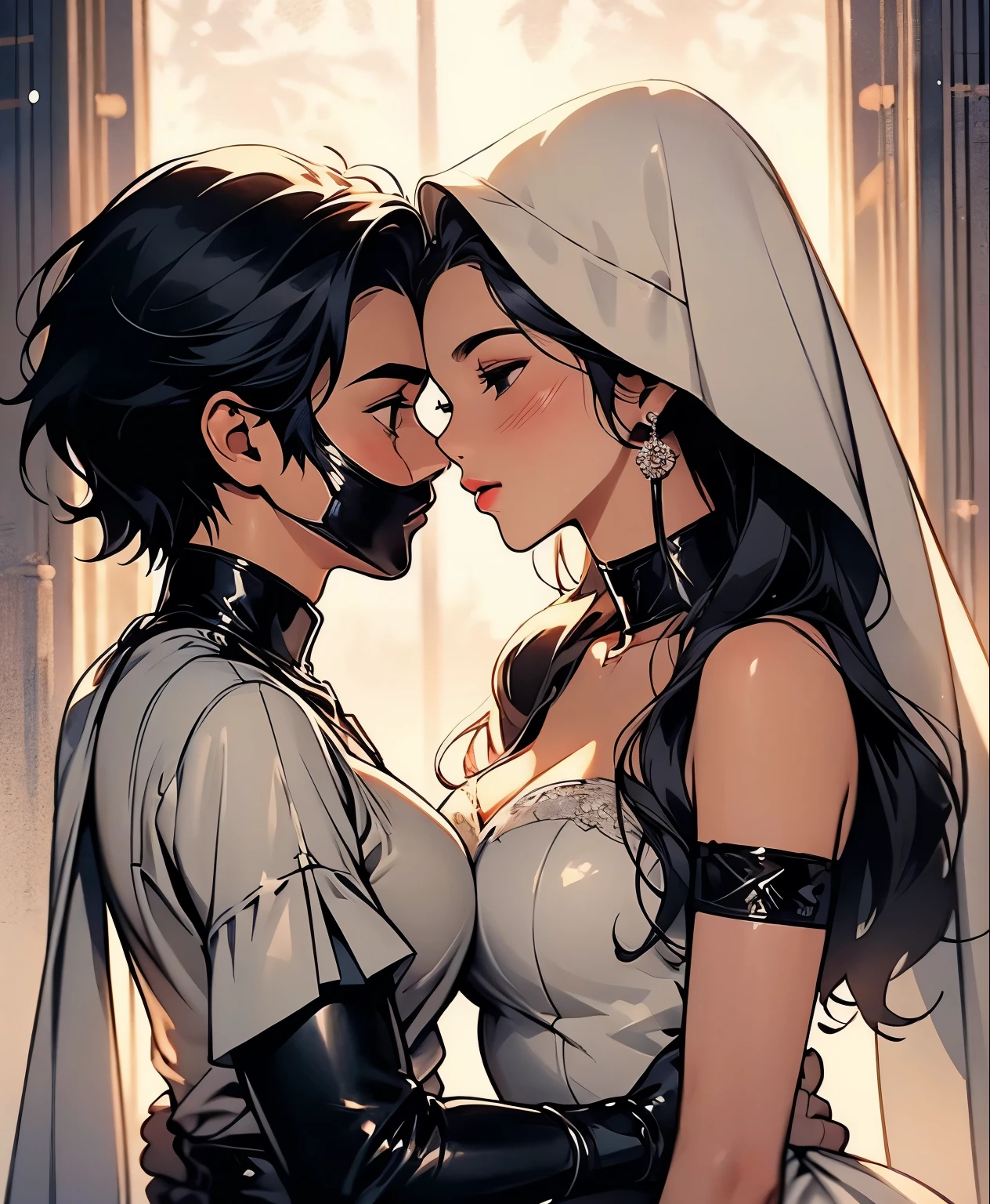 Full face  mask, Kissing, hood, masks,  couple, romantic, nighttime, soft lighting, passion, intimate connection, tender embrace, close-up of lips, gentle caress, loving touch, bride white  dress, full face masks , covered masked faces , carnival, gloves, 
