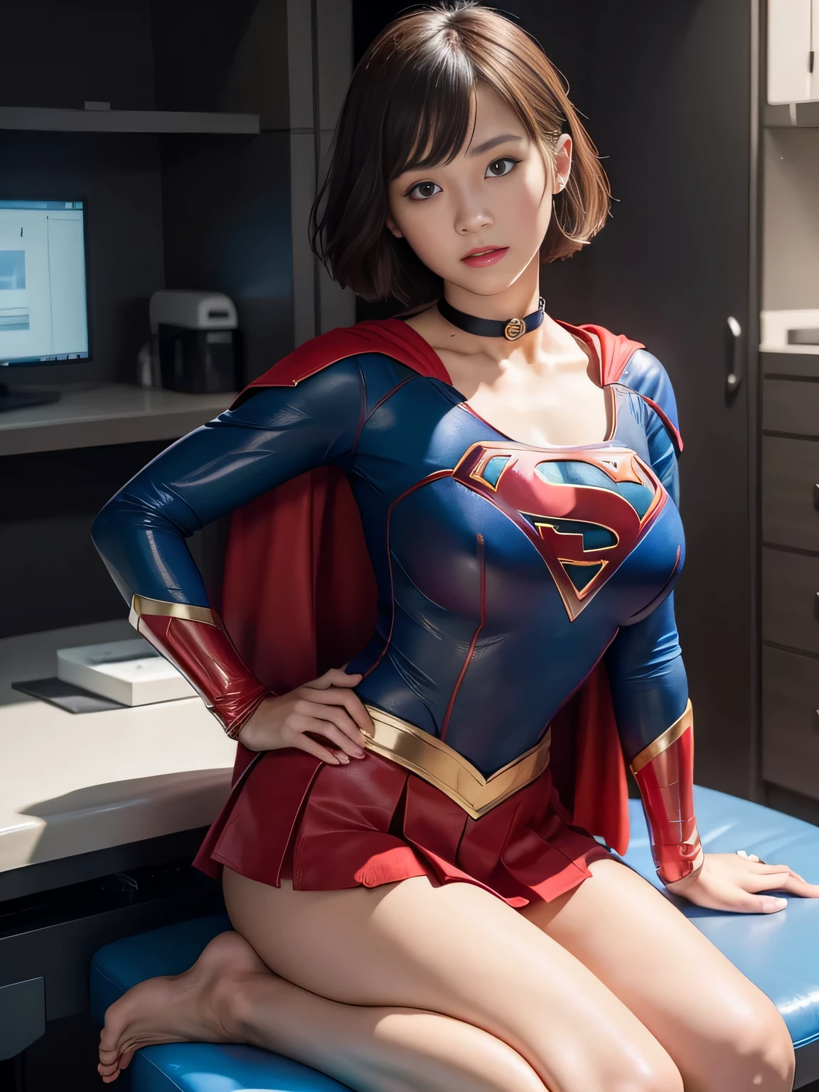 masterpiece、supergirl costume、short hair、barefoot、big and full breasts、operating room、operating table、straddle、Tattered、shiny、look at the camera、Seduce、choker、red mini skirt、long sleeve、Cowgirl、Estrus