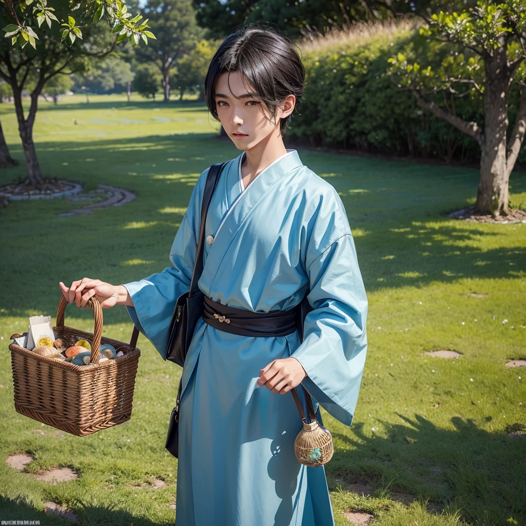 High resolution, Super detailed, masterpiece, highest quality,oriental、boy、boy working in the field、grassland、Basket Bag、Wearing traditional Japanese costumes、Japan Ancient Hairstyles、game poster、alone、