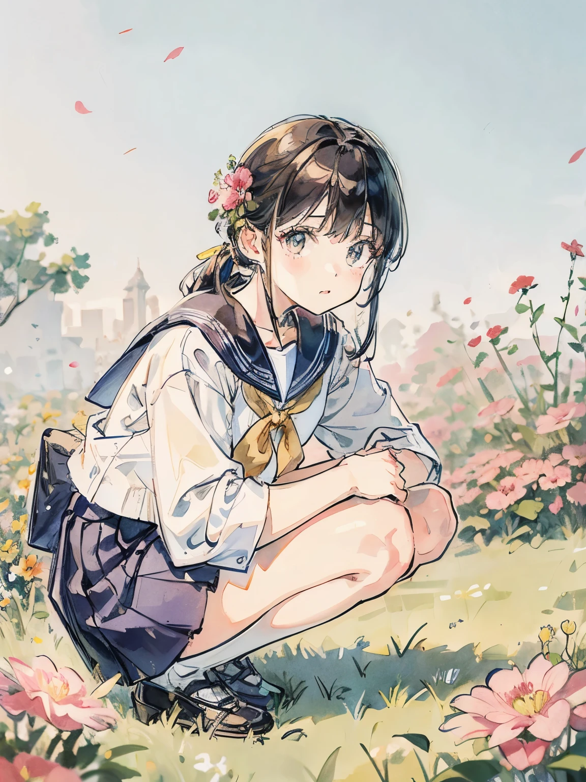 Close-up of a girl in a sailor suit squatting in front of a flower bed、Shoot from the front、flower perspective、In the skirt