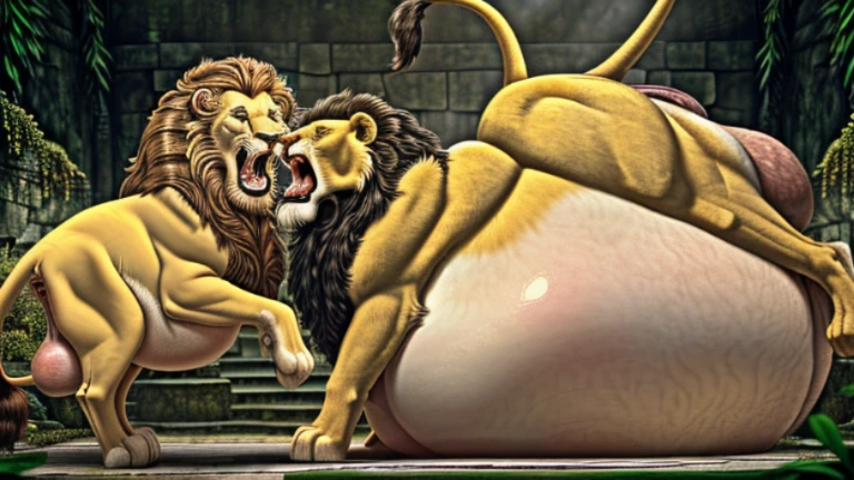 ((((equine penis, hyper)))), masterpiece, high quality, realistic, detailed background, (((males))), (((lion, lion tail))), (feral), (((wide hips))) legs, feet, steam, (((sweat))), (((Very sweaty))), ((seductive pose)), (((sweaty, very sweaty, musky, visible musk))), ((overweight, belly, big belly, round belly)), ((wide belly)), ((wide body)), ((wide hips, hyper_hips, fat_hips, fat_thighs)), ((big belly, giant belly, jiggly belly)), ((((side view, anus)))), (huge, massive, big body, big booty, wide body, huge body, giant body), (detailed background, depth of field, half body shadow, ambient light on the body), ((mist)), (masterpiece), best quality, 4k, 2k, (intricate:0.9), (high detail:1.2), soft focus, (absurd res), ((((hyper equine penis, excessive cum, feral on all fours, excessive cumshot, duo, licking anus, rimming, anal rimming, rim job, tongue out, nose in anus, mouth on anus, anal tongue))))