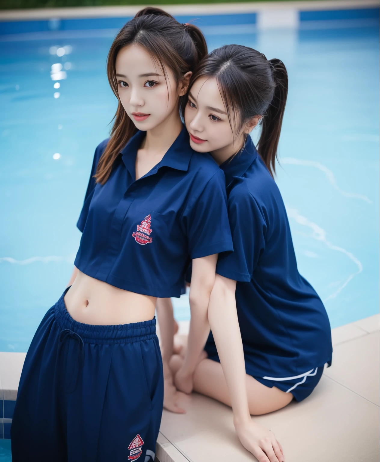 2 girls in the swimming pool, Navy blue short-sleeved shirt,Navy Long Trackpant,Sweatpants, Sweatpantsขายาว,25 year old girl, lesbian, sexy, exercise clothes, wet body