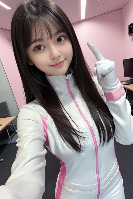 (Place your index finger on your chin, bend the index finger, Shiny rubber suit, gazing at viewer, Leaning forward, 1 girl, Looking at Viewer, from the front side, facing straight at viewer, white and pink clothes, White Gloves, futuristic spacesuit, Inside the spaceship room), Smile, Upper body, body suit, Mini Pencil Skirt, High neck clothing, Hide the neck, drooping eyes, Head tilt, masutepiece, Best Quality, an extremely cute girl, 20 years old, Black hair, pink line in the center of the clothes