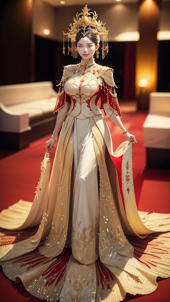 A woman in a white dress decorated with gold walks on the red carpet in the middle of the wedding hall, Red and gold dress,Wearing a golden phoenix crown tiara, Delicate facial features, beautiful makeup, high quality, very high detail, top quality, Super high degree of separation, ( Photorealistic: 1.4), cinematic light, depth of field, beautiful face, (PureErosFace_V1: 0.8),(Full Body),(cute face:1.5),(huge breasts:1.2),high-heels,big hips, medium thighs,