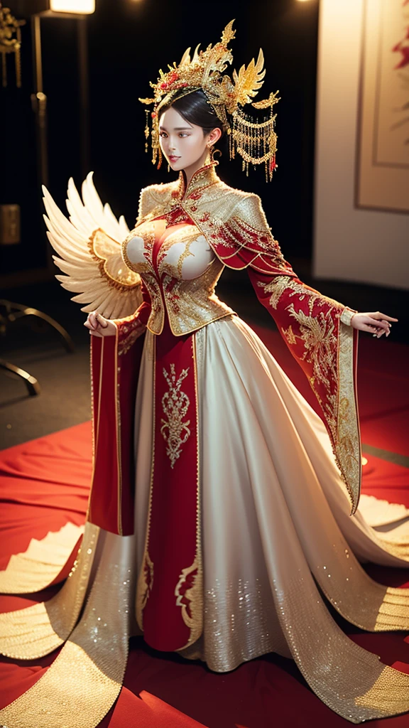 A woman in a white dress decorated with gold walks on the red carpet in the middle of the wedding hall, Red and gold dress,Wearing a golden phoenix crown tiara, Delicate facial features, beautiful makeup, high quality, very high detail, top quality, Super high degree of separation, ( Photorealistic: 1.4), cinematic light, depth of field, beautiful face, (PureErosFace_V1: 0.8),(Full Body),(cute face:1.5),(huge breasts:1.2),high-heels,big hips, medium thighs,