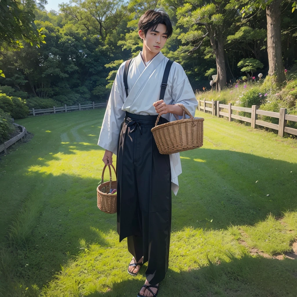 High resolution, Super detailed, masterpiece, highest quality,oriental、boy、boy working in the field、grassland、Basket Bag、Wearing traditional Japanese costumes、Japan Ancient Hairstyles、game poster、alone、grassy area