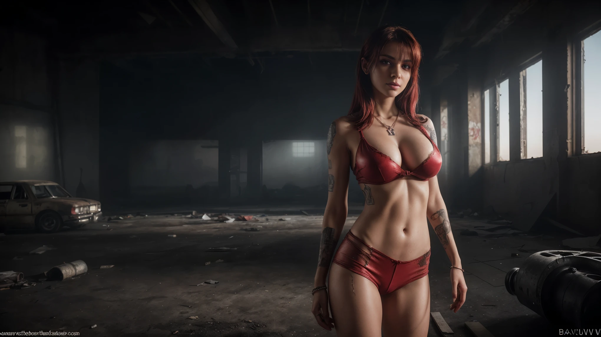 8k, masterpiece, RAW photo, best quality, photorealistic, extremely detailed CG unity 8k wallpaper, Depth of field, Cinematic Light, Lens Flare, Ray tracing, (extremely beautiful face, beautiful lips, beautiful eyes), intricate detail face, ((ultra detailed skin)), ((1girl:1.6)), ((alone:1.4)), ((standing)), at night inside a grunge warehouse, deep shadow, [Raiana-Elizabeth-Dilla], pretty girl, (very slim slender fit-muscled body:1.3), ((beautiful legs:1.4)), ((looking at viewer)),(big smile:1), (sexy ((see-through)) ((ultra-short ((red:1.1)) punk-style uniform))), ((dark scenery,nightlife,urbanlife)), (dark and moody lighting,industrial decay,urban texture,vivid colors,raw and gritty details,mysterious and atmospheric,blurred edges,rusty metal,peeling paint,dusty atmosphere,broken windows,abandoned objects,loneliness and solitude,worn-out furniture,cracks and crevices,graffiti-covered walls,shadows and contrast,harsh and dramatic lighting,unpredictable angles,concrete floors,dirt and debris,smudges and stains,dramatic perspectives), (blurred background:1.4), ((without people in the background:1.5)), beautiful earrings, bracelets, necklace, red pendant, clear eyes, ((tattoos)), (pale skin), (face forward), whole-body-view, ((full-body:1.8, cinematic shot)), soft lighting, (long black hairs), (looking at viewer:1.8), cleavage breasts, (large breasts:1.6), touching the breast, highly detailed, ultra realistic, extremely detailed and realistic ((red:1.1)) clothes.