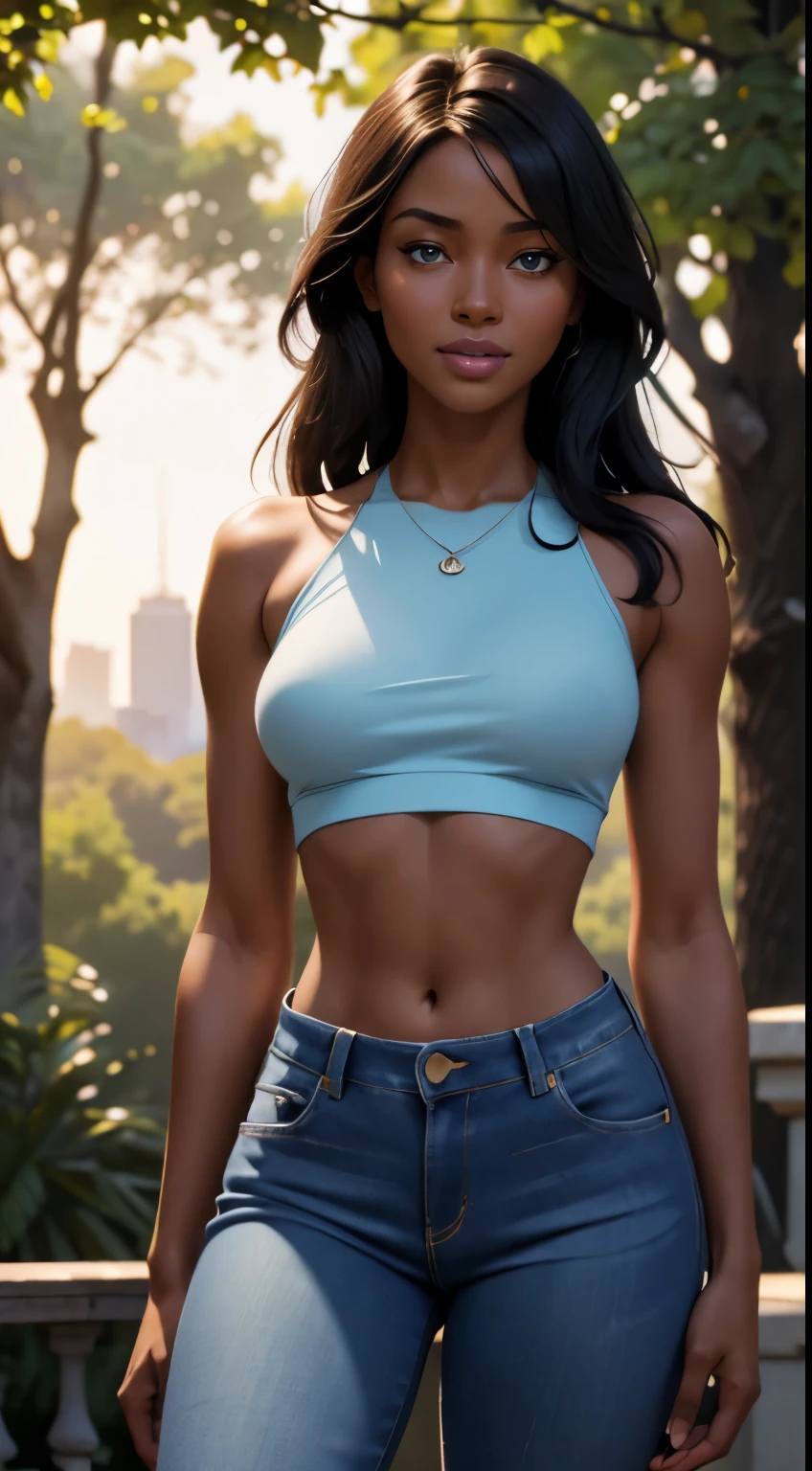 Foto hiperrealista en primer plano de Naomi Campbell, masterpiece, best quality, (photorealistic:1.4), full body, photorealistic:1.4), full body, (gloss light blue luxury crop top on straps:1.2) and (blue jeans:1.2), New York Central Park, city park, woods, cinematic light, beautiful woman, skinny, medium breasts, black long hair, detailed face, smile, facing the camera, photo taken from a distance, age of 18 years old, RAW photonatural skin texture, 35mm, 4k textures, soft cinematic light, RAW photo, photorealism, photorealistic, intricate, elegant, highly detailed, sharp focus, ((((cinematic look)))), soothing tones, insane details, intricate details, hyperdetailed, low contrast, soft cinematic light, dim colors, exposure blend, hdr, faded, intense