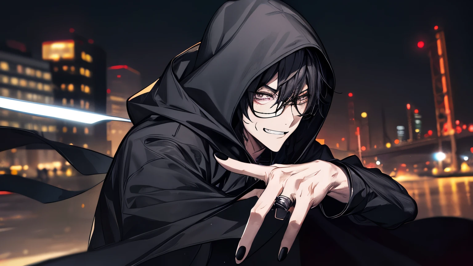 1 guy, black jeans, black shirt, press, Thin, pale, rings on fingers, black nails, Glasses, black hair, a little sporty, Glass eyes, anger, anger, cinematic lighting, Blur background, Best quality, night city, Dark tones, Wet, Brown eyes, grinning, many veins on the body, in the shadows of the city, in a hooded cloak, with a knife in his hand,