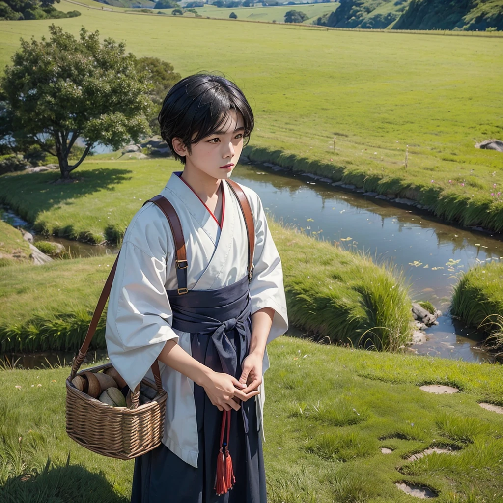  High resolution, Super detailed, masterpiece, highest quality,oriental、boy、boy working in the field、grassland、Basket Bag、Wearing traditional Japanese costumes、Japan Ancient Hairstyles、game poster、alone、grassy area
