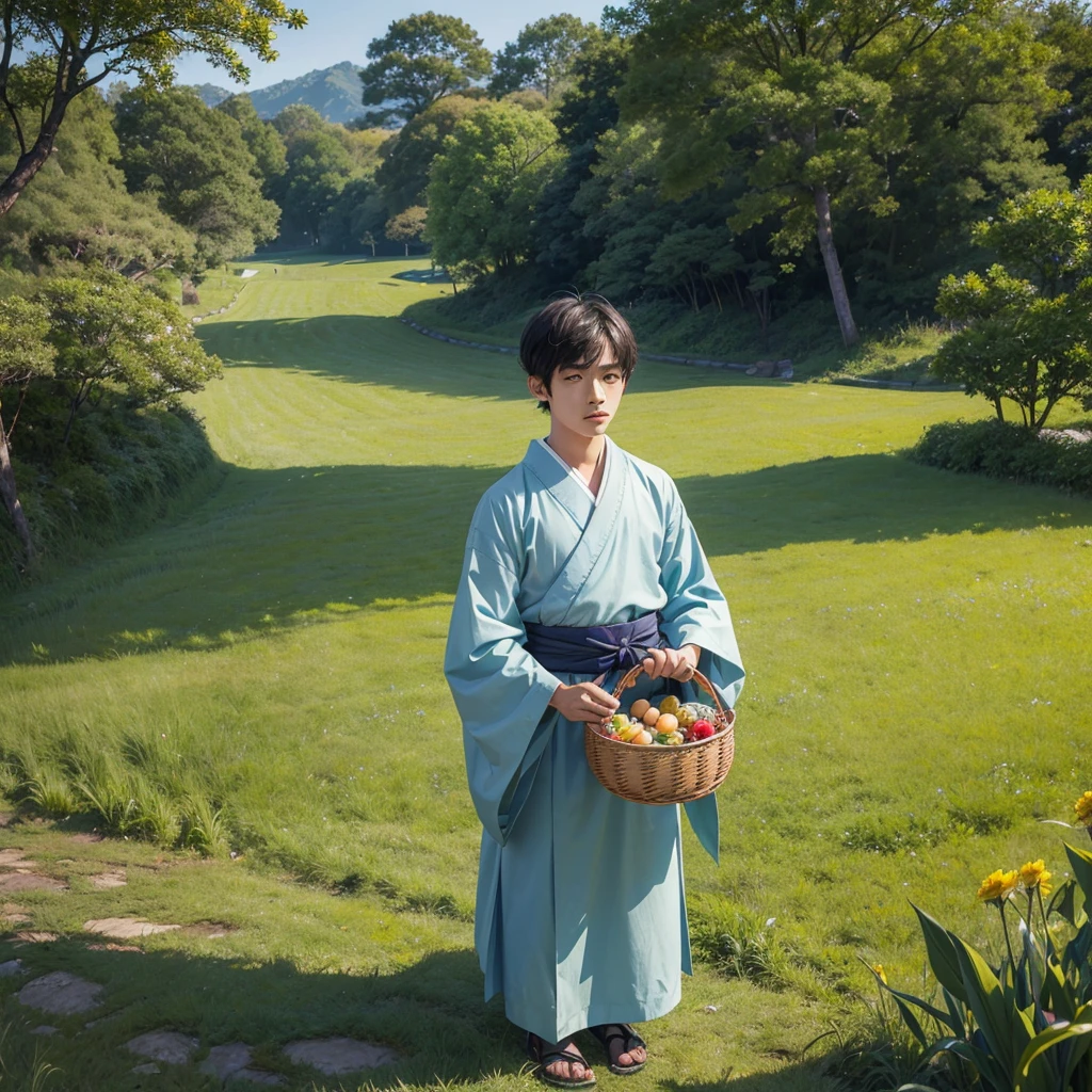 High resolution, Super detailed, masterpiece, highest quality,oriental、boy、boy working in the field、grassland、Basket Bag、Wearing traditional Japanese costumes、Japan Ancient Hairstyles、game poster、alone、grassy area
