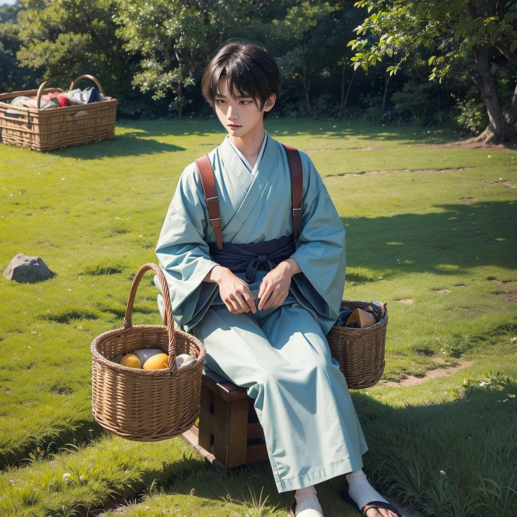 High resolution, Super detailed, masterpiece, highest quality,oriental、boy、boy working in the field、grassland、Basket Bag、Wearing traditional Japanese costumes、Japan Ancient Hairstyles、game poster、alone、grassy area