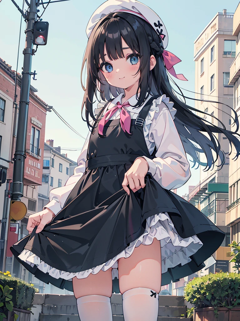 photo realistic, (masterpiece,best quality:1.4),(8k,raw photo,photo realistic:1.2),Not Safe for Work, detailed skin,detailed face,1girl, idol, cute face, super resolution,retro realistic details Illustration,,{{{elaborate,intricately,fantastic,delicately,tremendous,meticulous,minute,incredibly,obsessed,artisan's,subtle,virtuoso,skillful,vibrant, vivid, complex}}}, clearly focus edge, fresh natural gradation, best quality, amazing quality, very aesthetic, absurdres, (((Black pinafore dress))), mini skirt, frilled panties, happy, medium bob, (Black hair), ((straight hair)), shimmering eyes, Blue eyes, droopy eyes, long hair, hair pulled back, , , 10-yo, a smile, red blush, (((wearing a white sling on head))), (((standing skirt-lift))), panties shot, (from below), up-skirt, (White beret,Comes with a Pink bow), ((White kneehighs)), loafers, School backpack, flat chest, beautiful hands, ((yellow neckerchief)), baby face , staem,