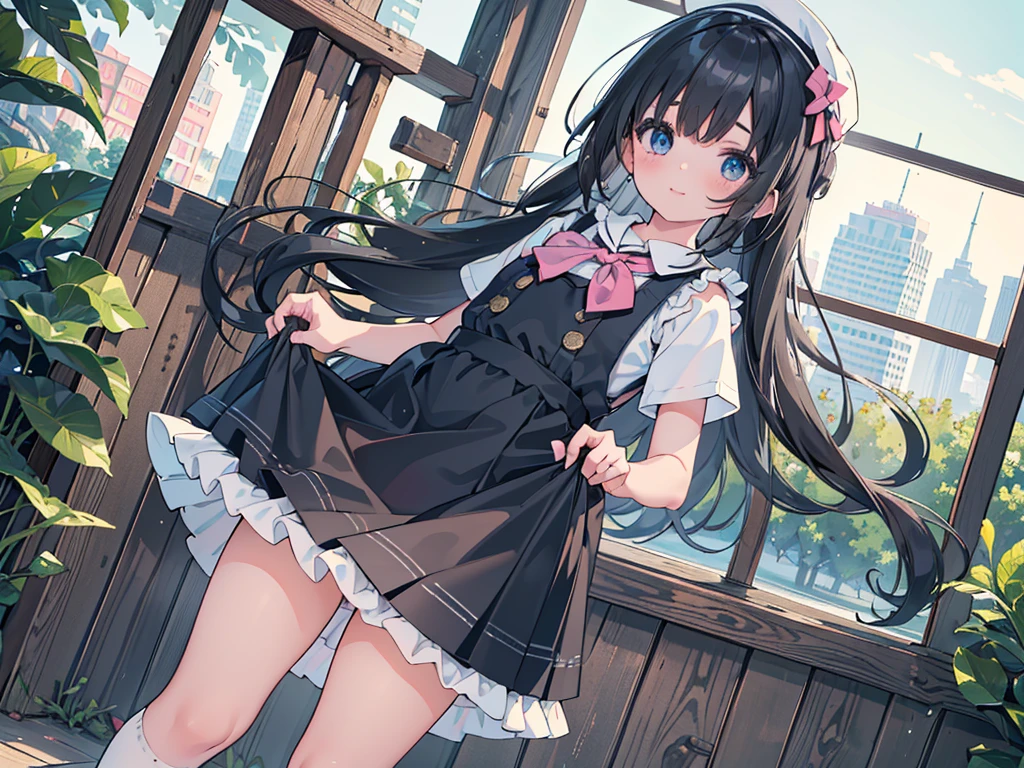 photo realistic, (masterpiece,best quality:1.4),(8k,raw photo,photo realistic:1.2),Not Safe for Work, detailed skin,detailed face,1girl, idol, cute face, super resolution,retro realistic details Illustration,,{{{elaborate,intricately,fantastic,delicately,tremendous,meticulous,minute,incredibly,obsessed,artisan's,subtle,virtuoso,skillful,vibrant, vivid, complex}}}, clearly focus edge, fresh natural gradation, best quality, amazing quality, very aesthetic, absurdres, (((Black pinafore dress))), mini skirt, frilled panties, happy, medium bob, (Black hair), ((straight hair)), shimmering eyes, Blue eyes, droopy eyes, long hair, hair pulled back, , , 10-yo, a smile, red blush, (((wearing a white sling on head))), (((standing skirt-lift))), panties shot, (from below), up-skirt, (White beret,Comes with a Pink bow), ((White kneehighs)), loafers, School backpack, flat chest, beautiful hands, ((yellow neckerchief)), baby face , staem,
