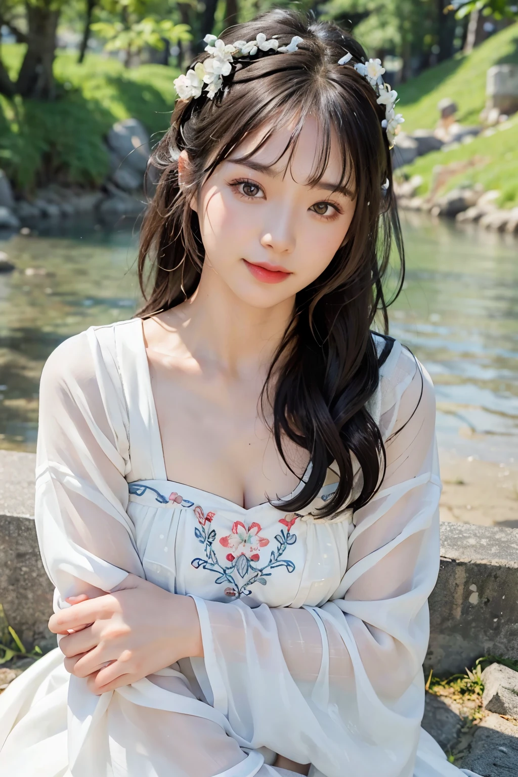 best quality,masterpiece,超high resolution,(photorealistic:1.4),8K RAW photos, high resolution,Chinese white Hanfu,Beautiful pattern, color embroidery, beautiful eye details, long eyelashes, RAW photos, facing the audience, upper part of body, Close-up shot, ((( landscape background))),(((1 girl))),solo,upper part of body, beautiful hairstyle, hair accessories, bead, jewelry, No action, front lighting, Smile, (looking at camera)