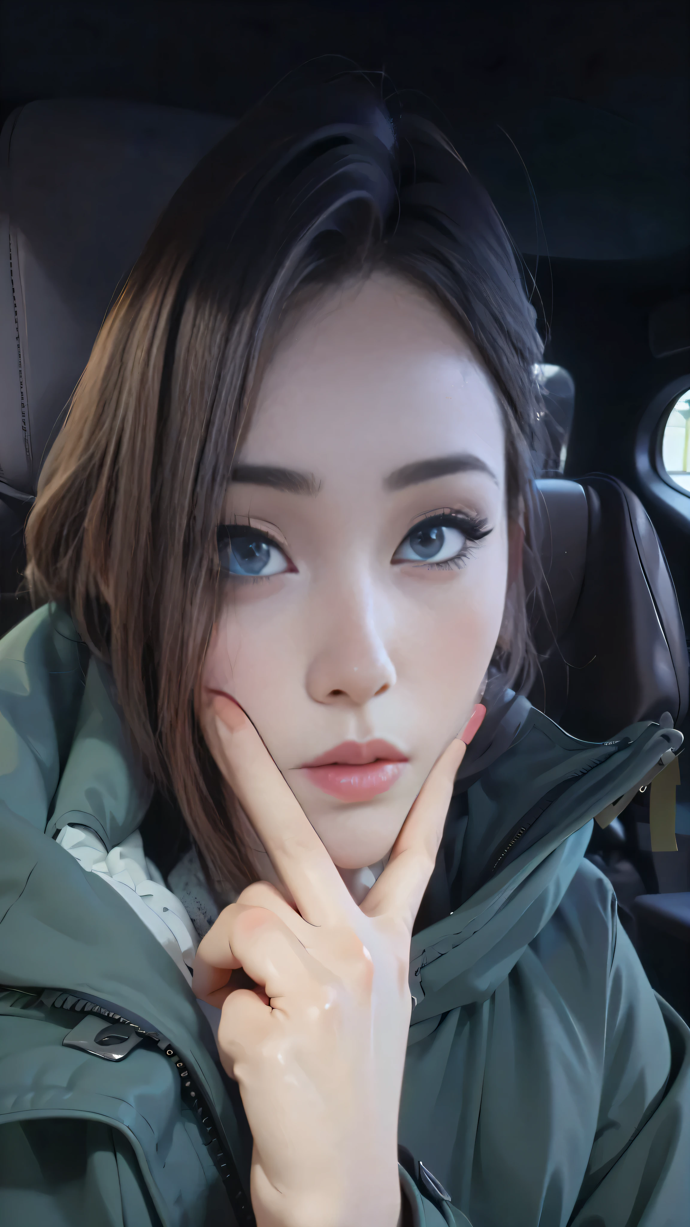 (A girl is in the garden),(painting),(beautiful and delicate eyes,Beautiful and delicate lips,Extremely detailed eyes and face,long eyelashes,Green jacket,rednails,Chinese girl,19 year old girl,xintong chen,young,Cute Chinese face,lifelike:1.37,8K selfie)