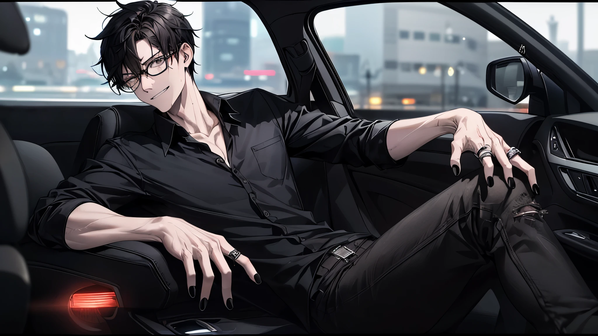 1 guy, black jeans, black shirt, press, Thin, pale, rings on fingers, black nails, Glasses, black hair, a little sporty, Glass eyes, anger, anger, cinematic lighting, Blur background, Best quality, night city, Dark tones, Wet, Brown eyes, grinning, many veins on the body, Sitting in the car,