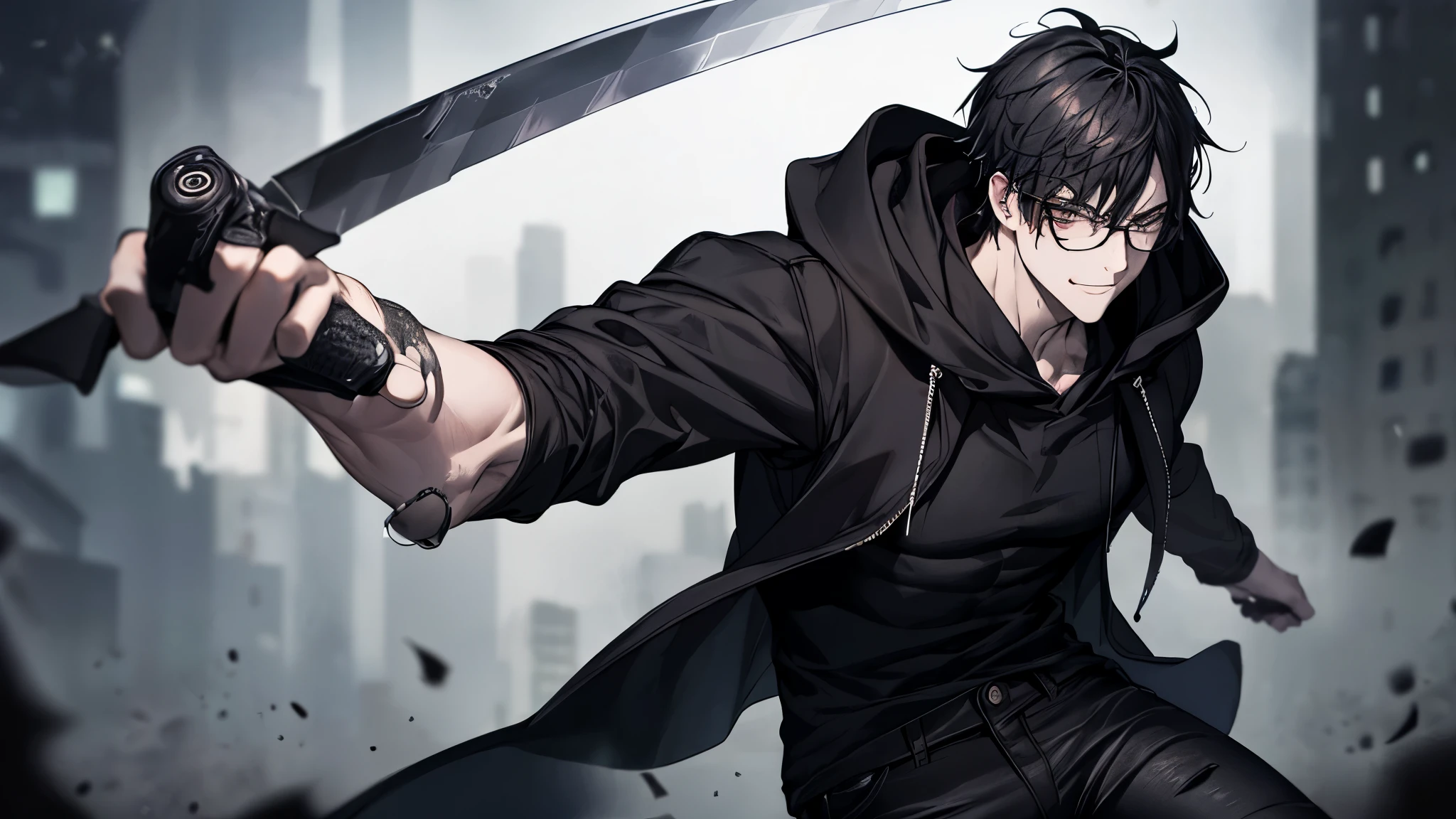 1 guy, black jeans, black shirt, press, Thin, pale, rings on fingers, black nails, Glasses, black hair, a little sporty, Glass eyes, anger, anger, cinematic lighting, Blur background, Best quality, night city, Dark tones, Wet, Brown eyes, grinning, many veins on the body, in the shadows of the city, in a hooded cloak, with a knife in his hand,