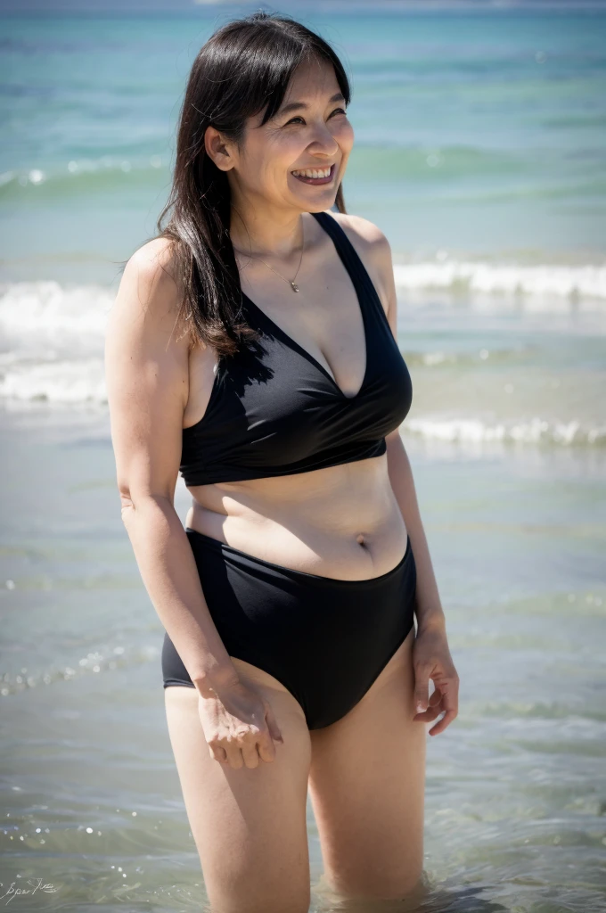 masterpiece, best quality, 8K, absurdres, beach, ocean, old woman, glad, smiling, standing, looking back, looking at viewer, long hair, wave hair, black hair, eyes open, pale skin, fair skin, plump, Short pants triangle bikini, piercing, necklace, mole, senior citizen, elderly, japanese, outside, in the ocean, on the beach, in the afternoon, ultra realistic photo, real person, nsfw, full body shot, from front, front view, cowboy shot, sunlight