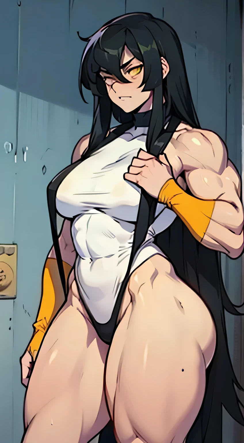 pale girl muscular breasts black hair yellow eyes thick thighs extremely long hair sad sad