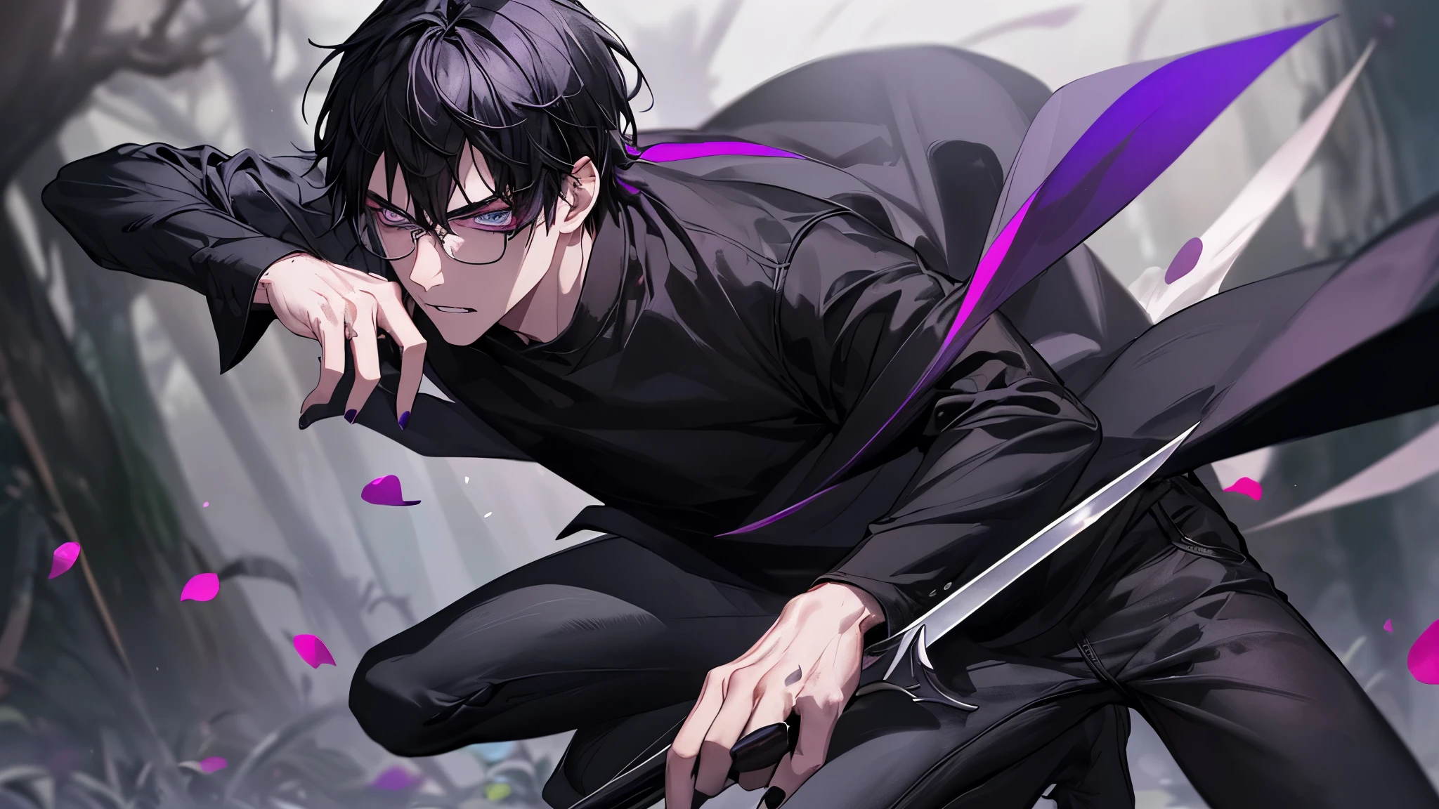 1 guy, black jeans, black shirt, press, Thin, pale, rings on fingers, black nails, Glasses, black hair, a little sporty, Glass eyes, anger, anger, cinematic lighting, Blur background, Best quality, Tiara on the head, broad sword in the ground, purple saura petals fly on the background, beautiful garden in the background,