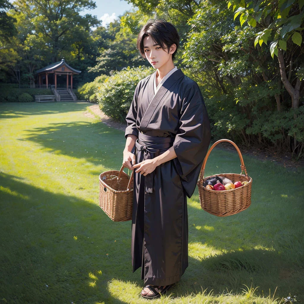  High resolution, Super detailed, masterpiece, highest quality,oriental、boy、boy working in the field、grassland、Basket Bag、Wearing traditional Japanese costumes、Japan Ancient Hairstyles、game poster、alone、