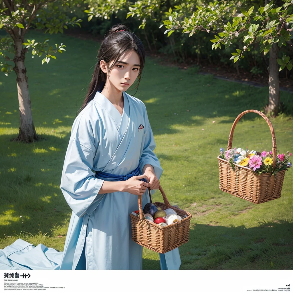 High resolution, Super detailed, masterpiece, highest quality,oriental、boy、boy working in the field、grassland、Basket Bag、Wearing traditional Japanese costumes、Japan Ancient Hairstyles、game poster、alone、