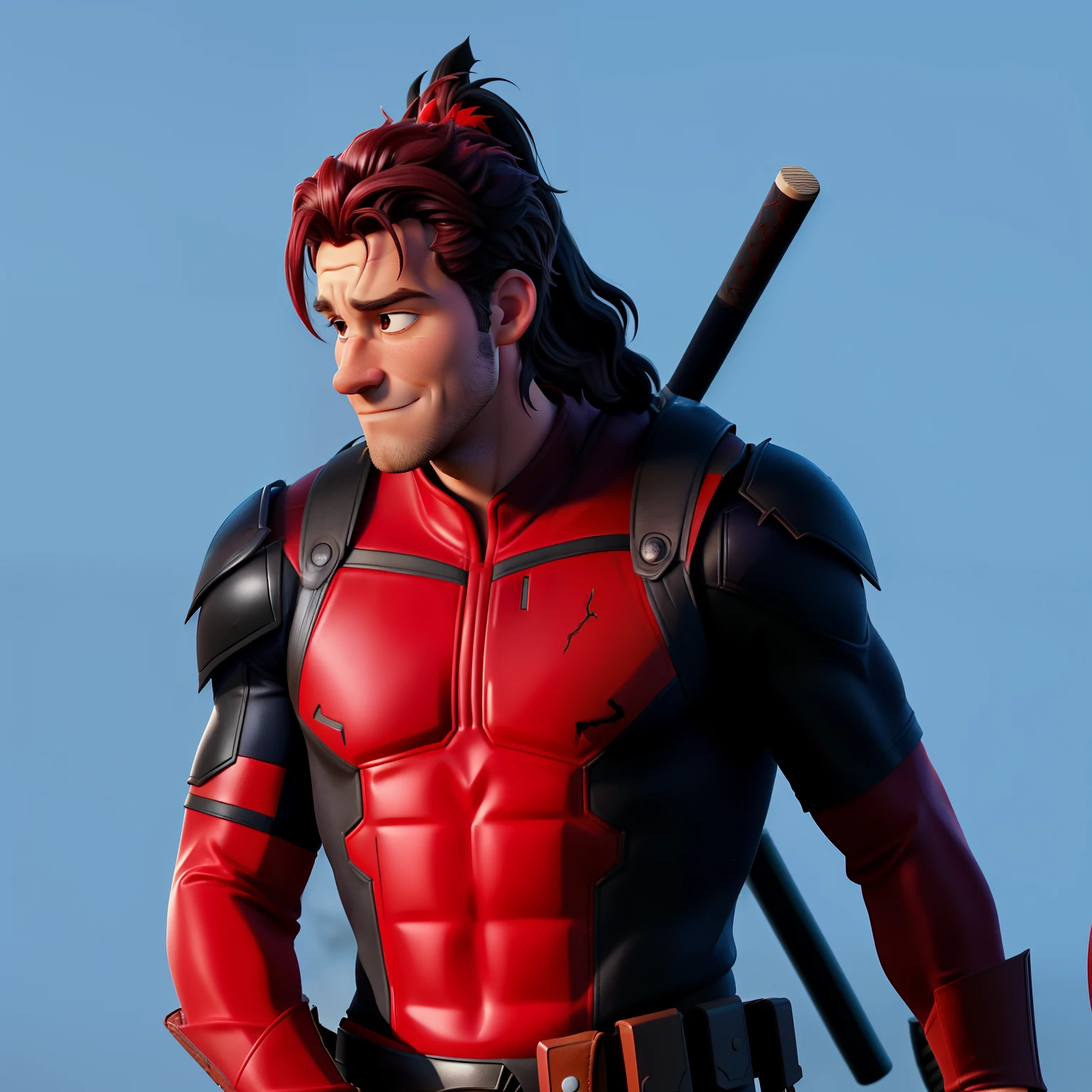there is a man in a red and black costume holding two baseball bats, closeup shot, ryan reynolds dead pool, long hair samurai style haircut , film still of ryan reynolds, taron egerton as wolverine, profile shot, movie, portrait shot, full body close-up shot, picture of an adult male warrior, deadpool live action costume, ryan reynolds wearing a fat suit