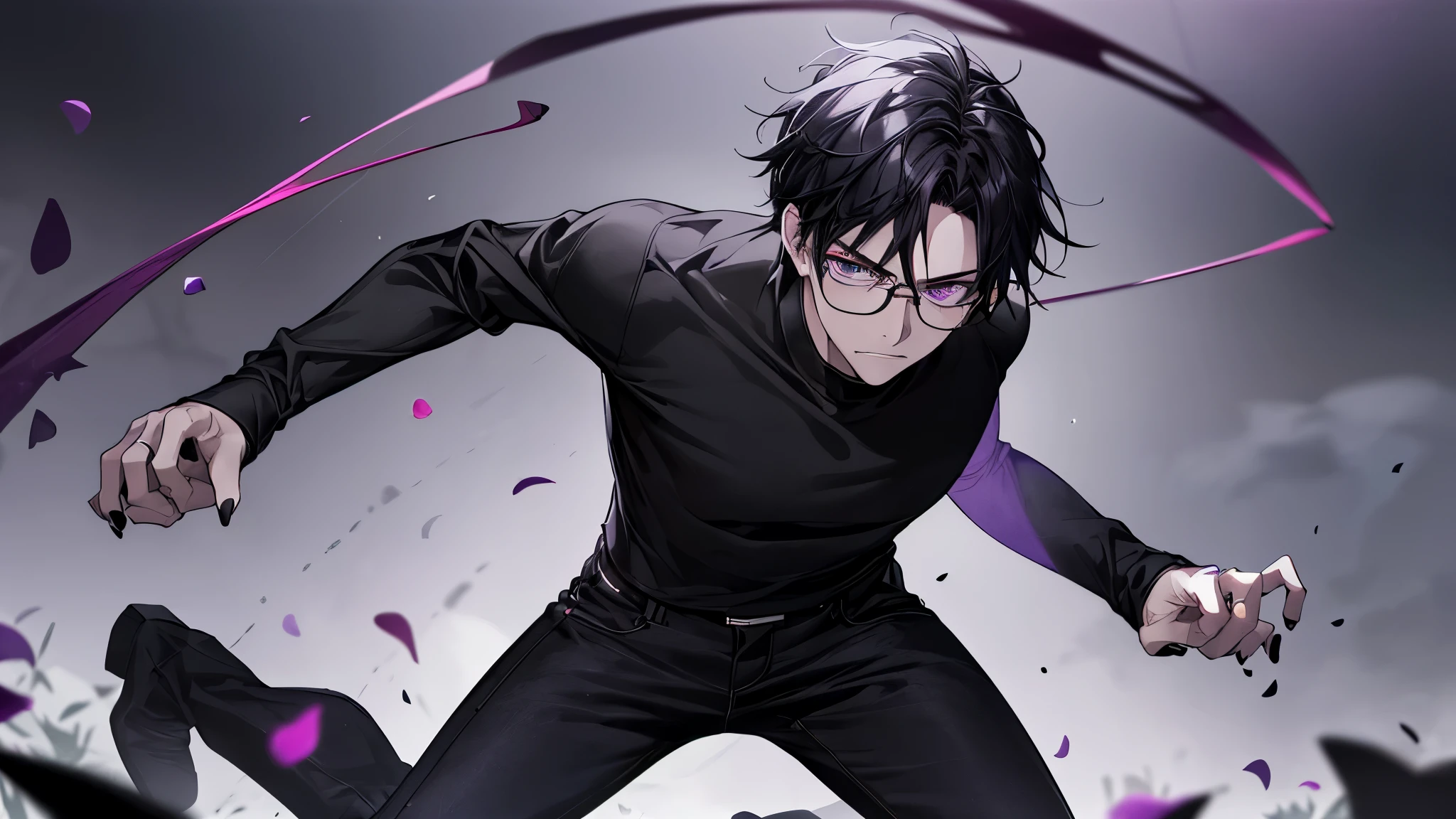 1 guy, black jeans, black shirt, press, Thin, pale, rings on fingers, black nails, Glasses, black hair, a little sporty, Glass eyes, anger, anger, cinematic lighting, Blur background, Best quality, Tiara on the head, broad sword in the ground, purple saura petals fly on the background, beautiful garden in the background,