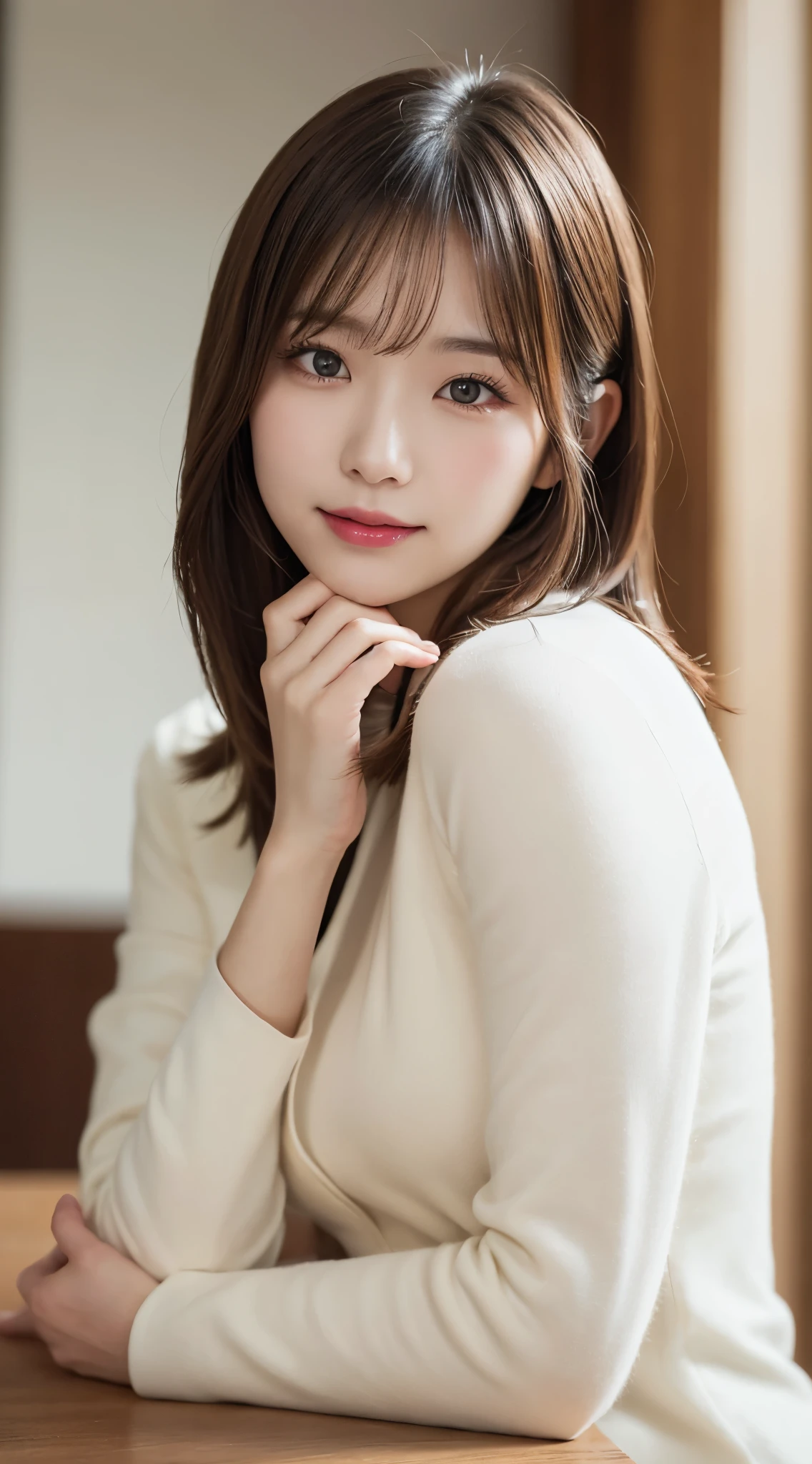 (masterpiece:1.3), (8K, Photorealsitic, Raw photography, Top image quality: 1.4), Japan high school girls、(Random hairstyles:1.2)、cleavage of the breast:1.2、Super Detail Face、Eye of Detail、二重まぶた、Bring your chest together、foco nítido:1.2、prety woman:1.4、light brown hair、top-quality、masterpiece、超A high resolution、(Photorealsitic:1.4)、Highly detailed and professional lighting smile、Loose and light knitwear、Shoulder out、slender、serious facial expression、short-haired、Fatal position