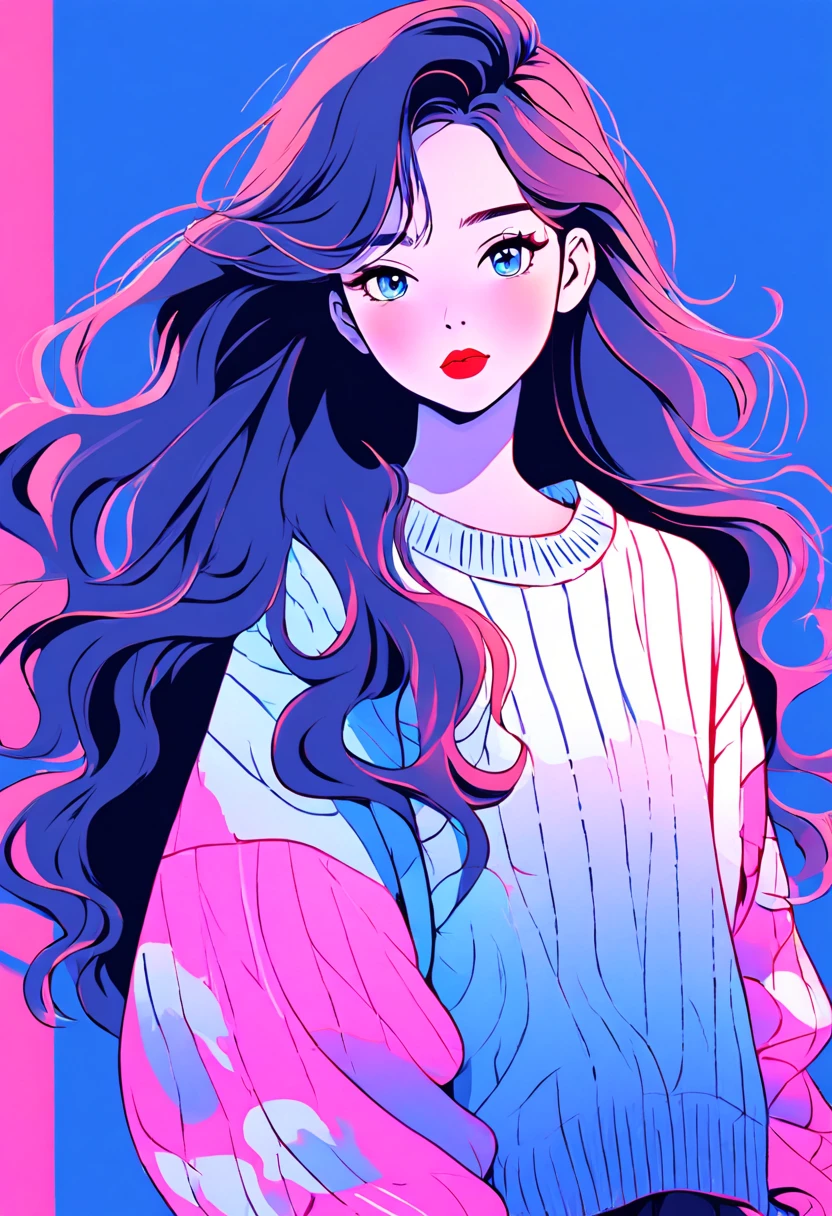 Illustrator, Japanese cartoons , actual ,sketch , 1 girl, ,lips, sweater,Order, Blue gradient background, Neon wavy long hair,textured crops, Distinctive style, A masterpiece,best quality