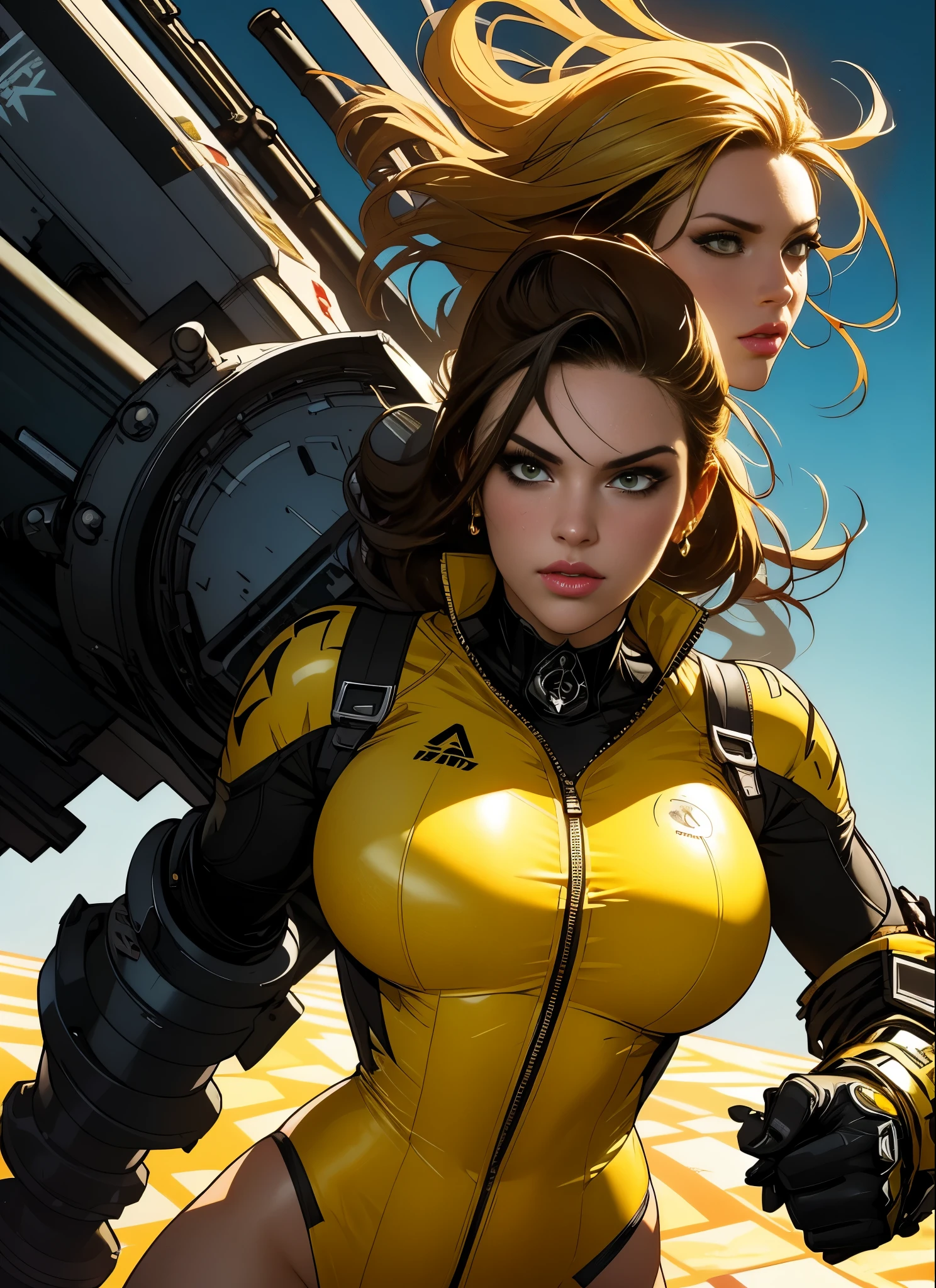 Teagan Presley as a cyberpunk future warrior holding a massively oversized gatling gun. wearing a yellow and white swinsuit armored cyberpunk, Perfect body, parted lips, against a geometric diamond shaped complex background, immaculate composition, brian viveros, katsuya terada, tim okamura, dynamic pose, dynamic light and shadow, bold high quality