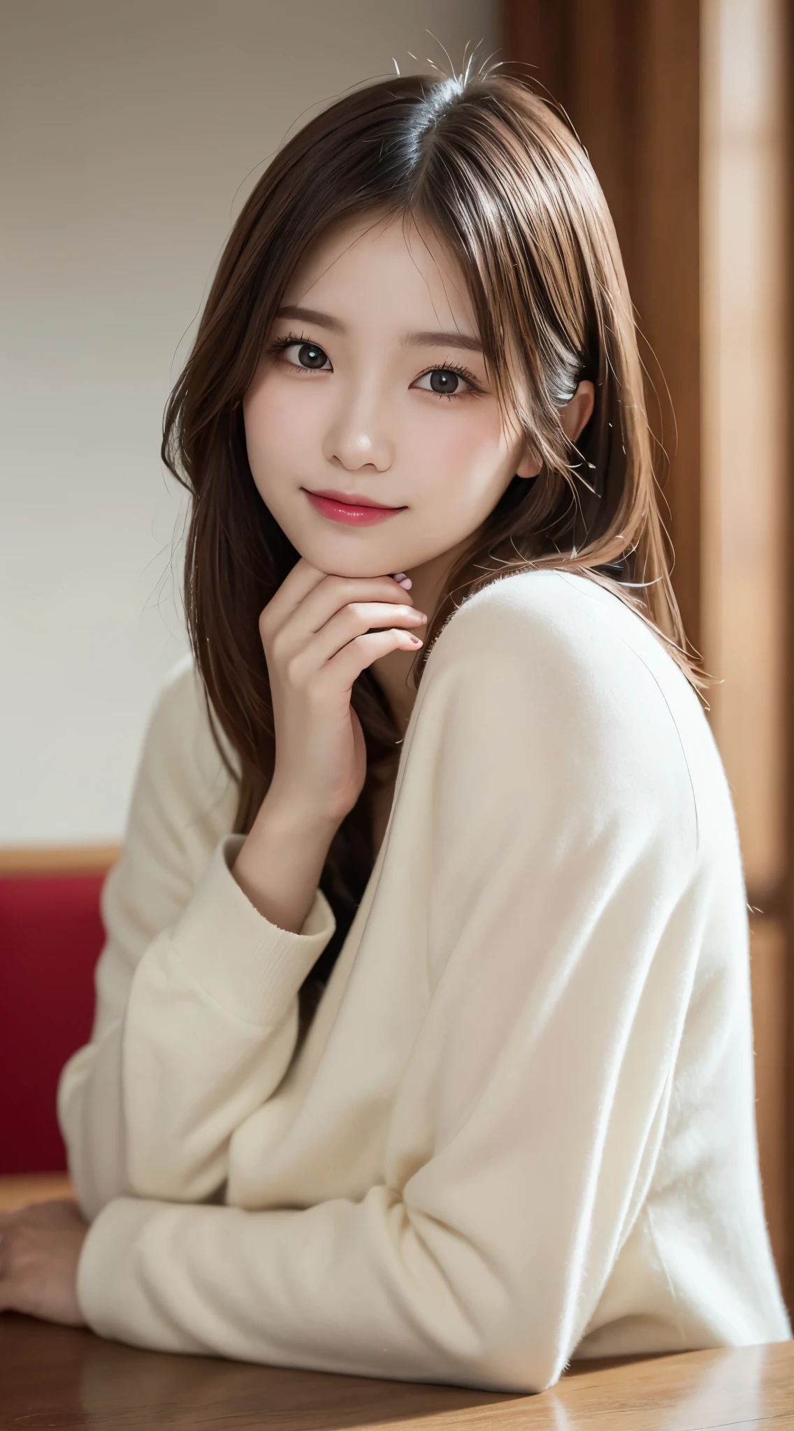 on the table, best quality, illustration, Super detailed, fine details, high resolution, 8k wallpaper, Perfect dynamic composition, Beautiful and delicate eyes, White fluffy winter coat,medium hair,,natural color lips, Bold ???? pose,Smile,building(one room)、20 year old girl、Lovely、looking ???? at camera,Perfect and beautiful face,Take a close-up photo of your face,Just slap your face,blurred background