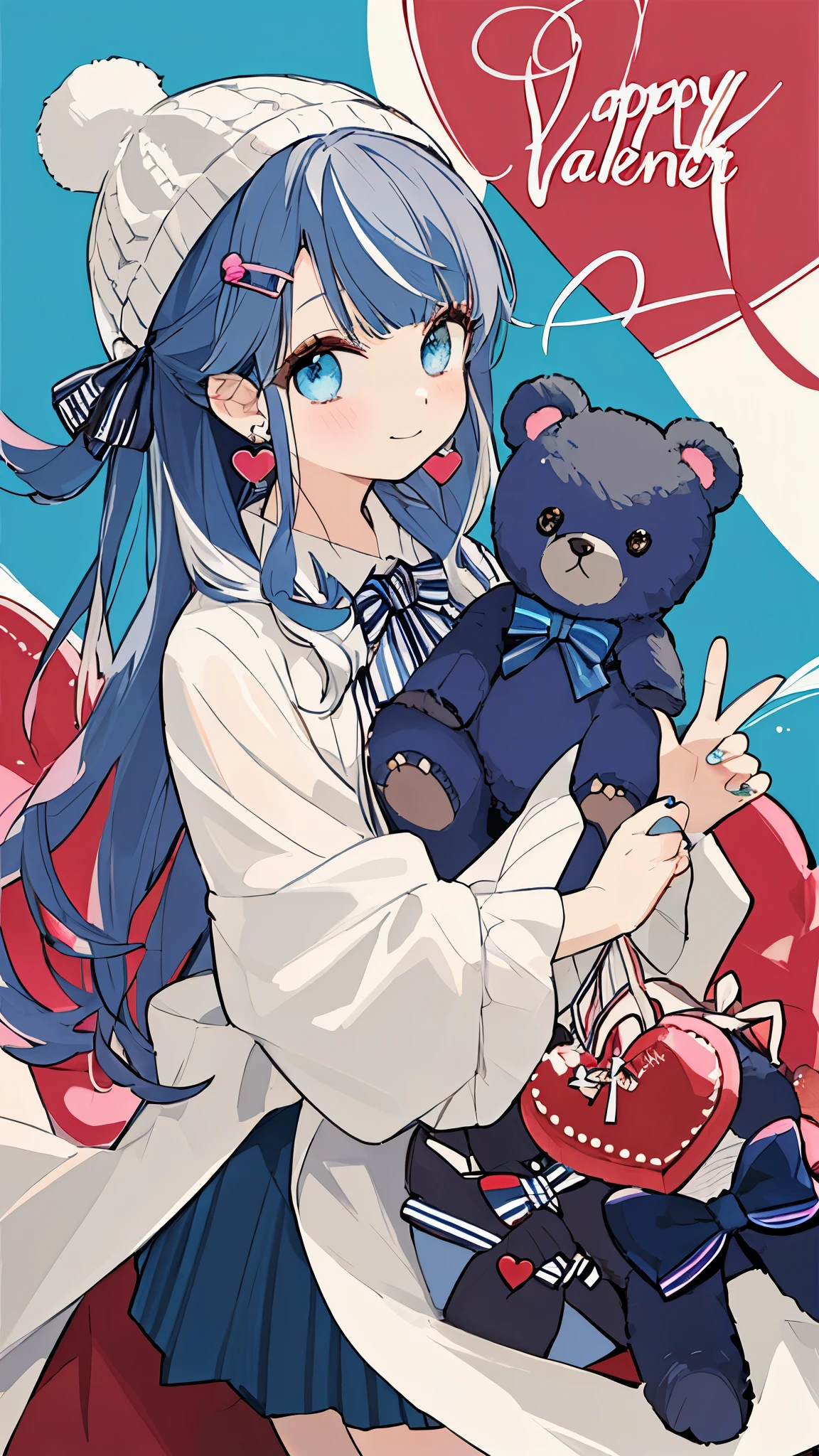 (masterpiece:1.2), highest quality,pixiv,sweet girl portrait,1 girl, teddy bear, stuffed animals, Stuffed black cat, alone, holding, have, holding ぬいぐるみ,hair ornaments,earrings, Sparkling,jewelry,hair clip, looking at the viewer,closed mouth, delicate makeup,bangs,tattoo, cas,knit hat,blue color hair color, blue eyes, red background, Valentine, chocolate, Full of heart,ribbon,nail polish, shirt,Tight dress,cas,two-tone background, vertical stripes, hair ring, smile, Waist-length fluffy hair,
