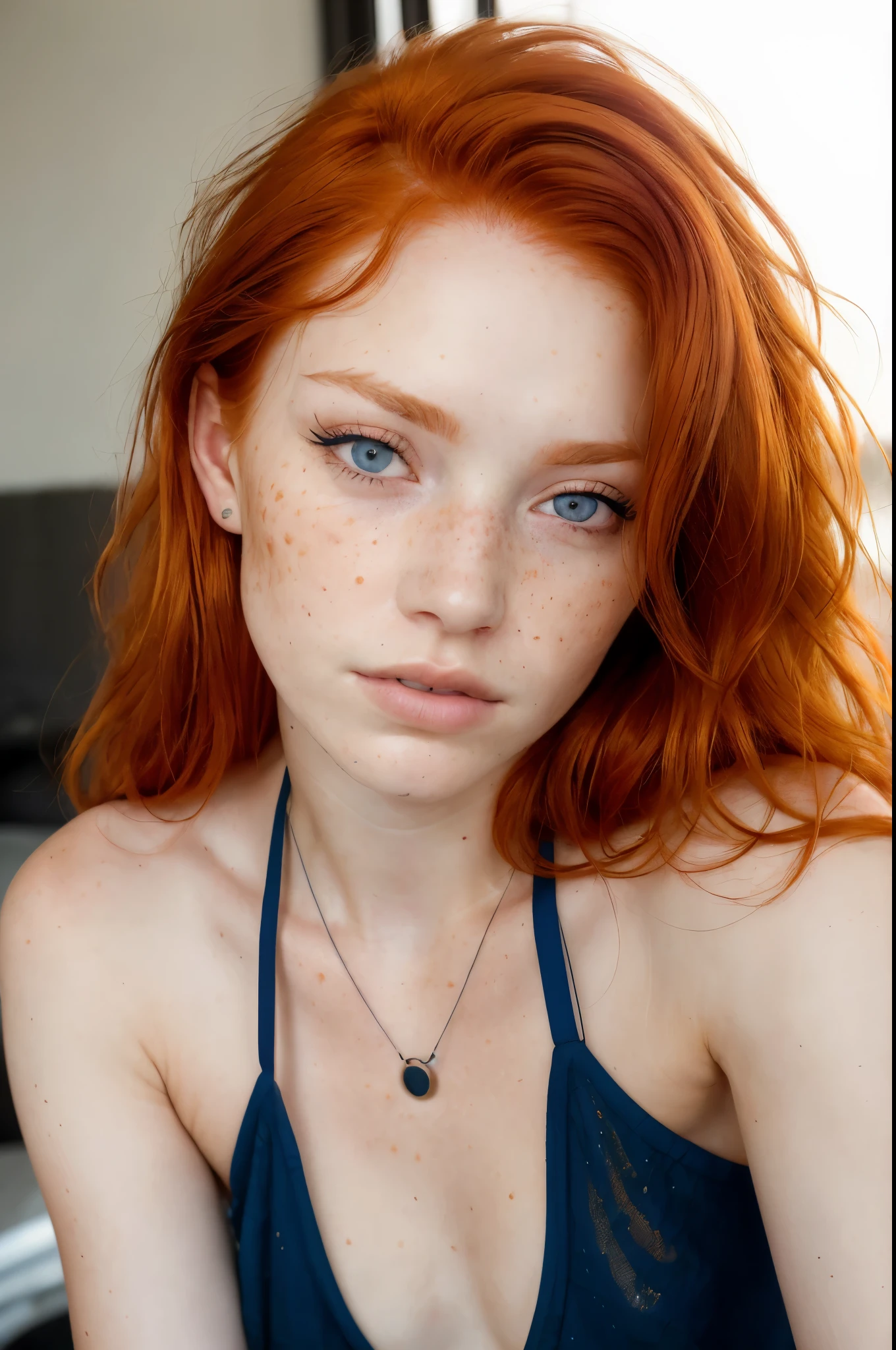 Freckles, acne scars, (dark circles under the eyes:1.3), poor skin condition, (wrinkles:1.3)，raw, a photo of a seductive teenager with loose styled, (redhead hair:1.2), bored, she is wearing a blue halter top, mascara, close up of face, (textured skin, skin pores:1.1), imperfect skin, goosebumps, flawless face, (sun-kissed:1.1), ((photorealistic):1.1),