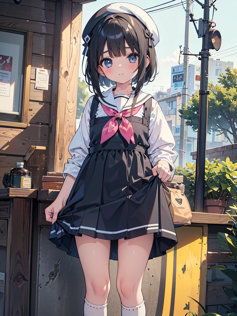 photo realistic, (masterpiece,best quality:1.4),(8k,raw photo,photo realistic:1.2),Not Safe for Work, detailed skin,detailed face,1girl, idol, cute face, super resolution,retro realistic details Illustration,,{{{elaborate,intricately,fantastic,delicately,tremendous,meticulous,minute,incredibly,obsessed,artisan's,subtle,virtuoso,skillful,vibrant, vivid, complex}}}, clearly focus edge, fresh natural gradation, best quality, amazing quality, very aesthetic, absurdres, (((Black pinafore dress))), mini skirt, (No panties), (twat), happy, medium bob, (Black hair), ((straight hair)), shimmering eyes, Blue eyes, droopy eyes, long hair, hair pulled back, , , 10-yo, a smile, red blush, (((wearing a white sling on head))), (((standing skirt-lift))), panties shot, (from below), up-skirt, (White beret,Comes with a Pink bow), ((White kneehighs)), loafers, School backpack, flat chest, beautiful hands, ((yellow neckerchief)), , staem,