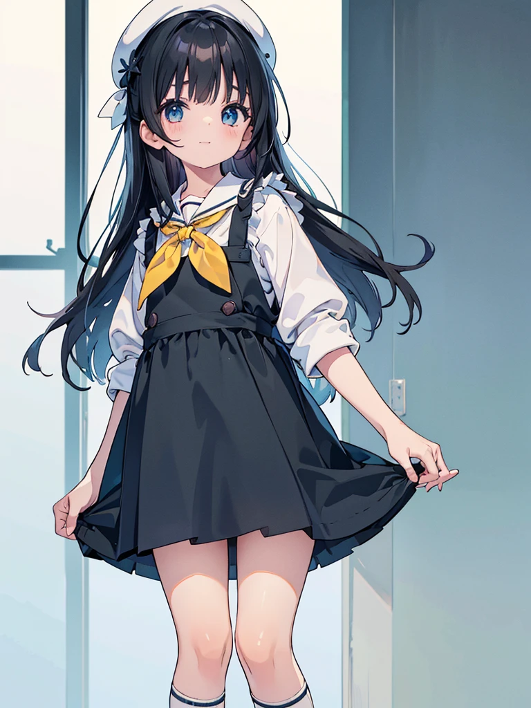 photo realistic, (masterpiece,best quality:1.4),(8k,raw photo,photo realistic:1.2),Not Safe for Work, detailed skin,detailed face,1girl, idol, cute face, super resolution,retro realistic details Illustration,,{{{elaborate,intricately,fantastic,delicately,tremendous,meticulous,minute,incredibly,obsessed,artisan's,subtle,virtuoso,skillful,vibrant, vivid, complex}}}, clearly focus edge, fresh natural gradation, best quality, amazing quality, very aesthetic, absurdres, (((Black pinafore dress))), mini skirt, frilled panties, happy, medium bob, (Black hair), ((straight hair)), shimmering eyes, Blue eyes, droopy eyes, long hair, hair pulled back, , , 10-yo, a smile, red blush, (((wearing a white sling on head))), (((standing skirt-lift))), panties shot, (from below), up-skirt, (White beret,Comes with a Pink bow), ((White kneehighs)), loafers, School backpack, flat chest, beautiful hands, ((yellow neckerchief)), , staem,