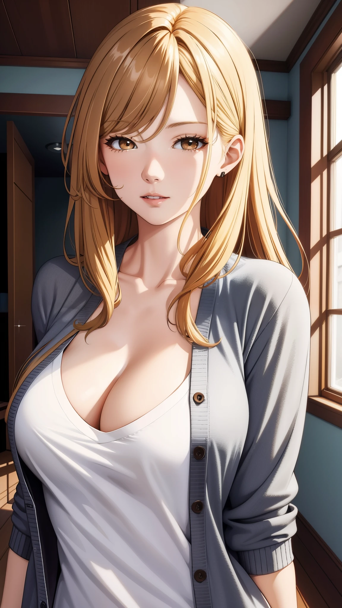 (best quality:1.27), (highres:1.27), cool adult woman, perfect body, elegant, long hair, swept-side bang, [[[brown hair]]], blonde hair, cardigan, t-shirt, cleavage, brown eyes, inside house, detailed facial features, vibrant colors