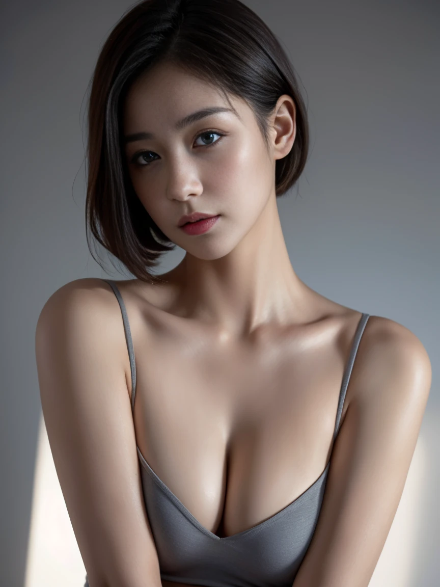 top-quality、​masterpiece、超A high resolution、(Photorealsitic:1.5)、Raw foto、Skin Tight Black Top:1.2, Looking at Viewer, Cinematic lighting, Perfect, softlight, High resolution skin:1.2, Realistic skin texture, Korea women 30 years old mature woman、Large breasts,a small face、no-makeup、off shoulders, Exposed cleavage, Blue eyes, Short hair,dark brown  hair、Bust B Cup、Small breasts、fullnude、Gray background sexy high