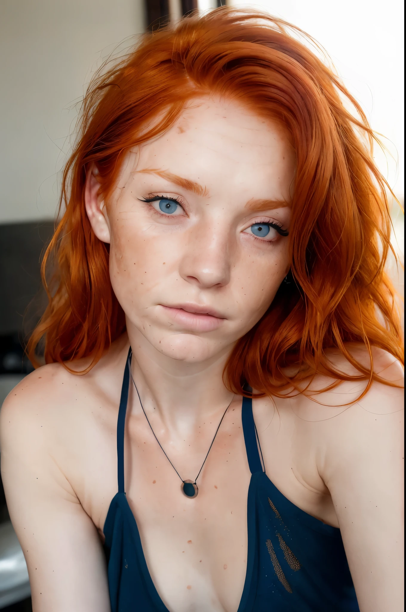 Freckles, acne scars, (dark circles under the eyes:1.3), poor skin condition, (wrinkles:1.7)，raw, a photo of a seductive teenager with loose styled, (redhead hair:1.2), bored, she is wearing a blue halter top, mascara, close up of face, (textured skin, skin pores:1.1), imperfect skin, goosebumps, flawless face, (sun-kissed:1.1), ((photorealistic):1.1),