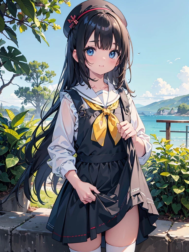 photo realistic, (masterpiece,best quality:1.4),(8k,raw photo,photo realistic:1.2),Not Safe for Work, detailed skin,detailed face,1girl, idol, cute face, super resolution,retro realistic details Illustration,,{{{elaborate,intricately,fantastic,delicately,tremendous,meticulous,minute,incredibly,obsessed,artisan's,subtle,virtuoso,skillful,vibrant, vivid, complex}}}, clearly focus edge, fresh natural gradation, best quality, amazing quality, very aesthetic, absurdres, (((Black pinafore dress))), mini skirt, (No panties), (twat), happy, medium bob, (Black hair), ((straight hair)), shimmering eyes, Blue eyes, droopy eyes, long hair, hair pulled back, , , 10-yo, a smile, red blush, (((wearing a white sling on head))), (((standing skirt-lift))), panties shot, (from below), up-skirt, (White beret,Comes with a Pink bow), ((White kneehighs)), loafers, School backpack, flat chest, beautiful hands, ((yellow neckerchief)), baby face , staem,