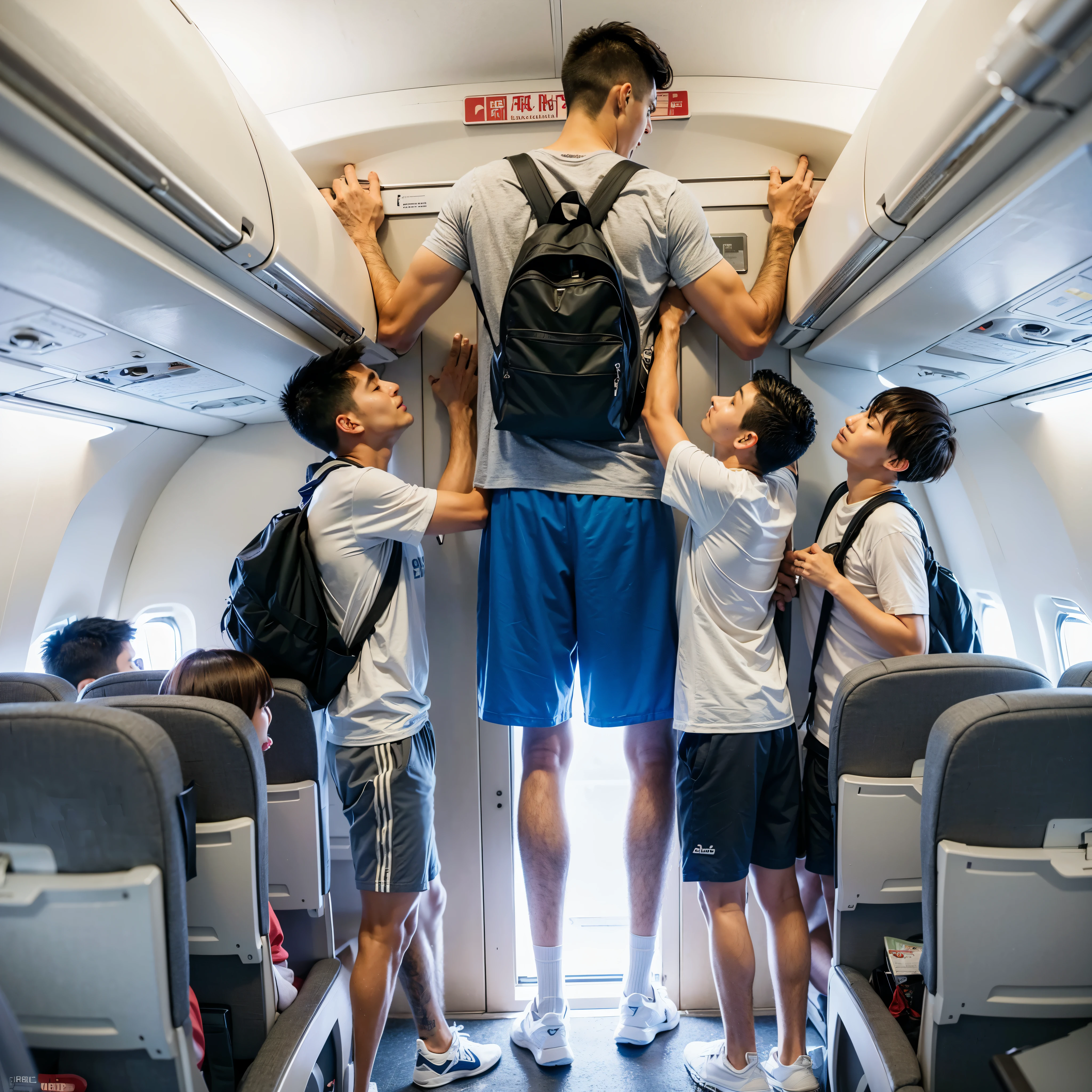 "An extremely tall young Chinese-looking giant, handsome, athletic, short clean hairstyle, soft eyes, (dark blue shorts), (gray shirt), (black backpack) trying to fit inside the small plane door with two  friends