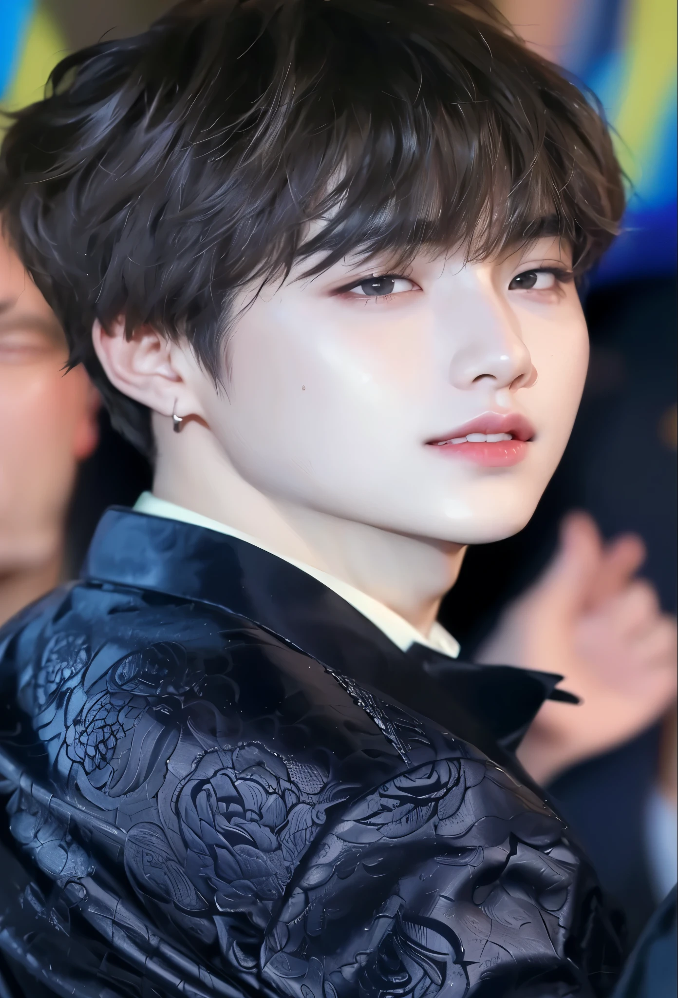 Imagen de un hombre con una chaqueta negra y una camisa blanca, yoongi de pelo negro, capturado en canon eos r 6, Jung Jaehyun, pale korean adorable face, cai xukun, Jimin, jungkook, hyung tae, yanjun chengt, shin jeongho, Jimin\his right eyelid is swollen, Jimin\los labios carnosos, chico kpop, cara coreana yoongi de bts, piel linda